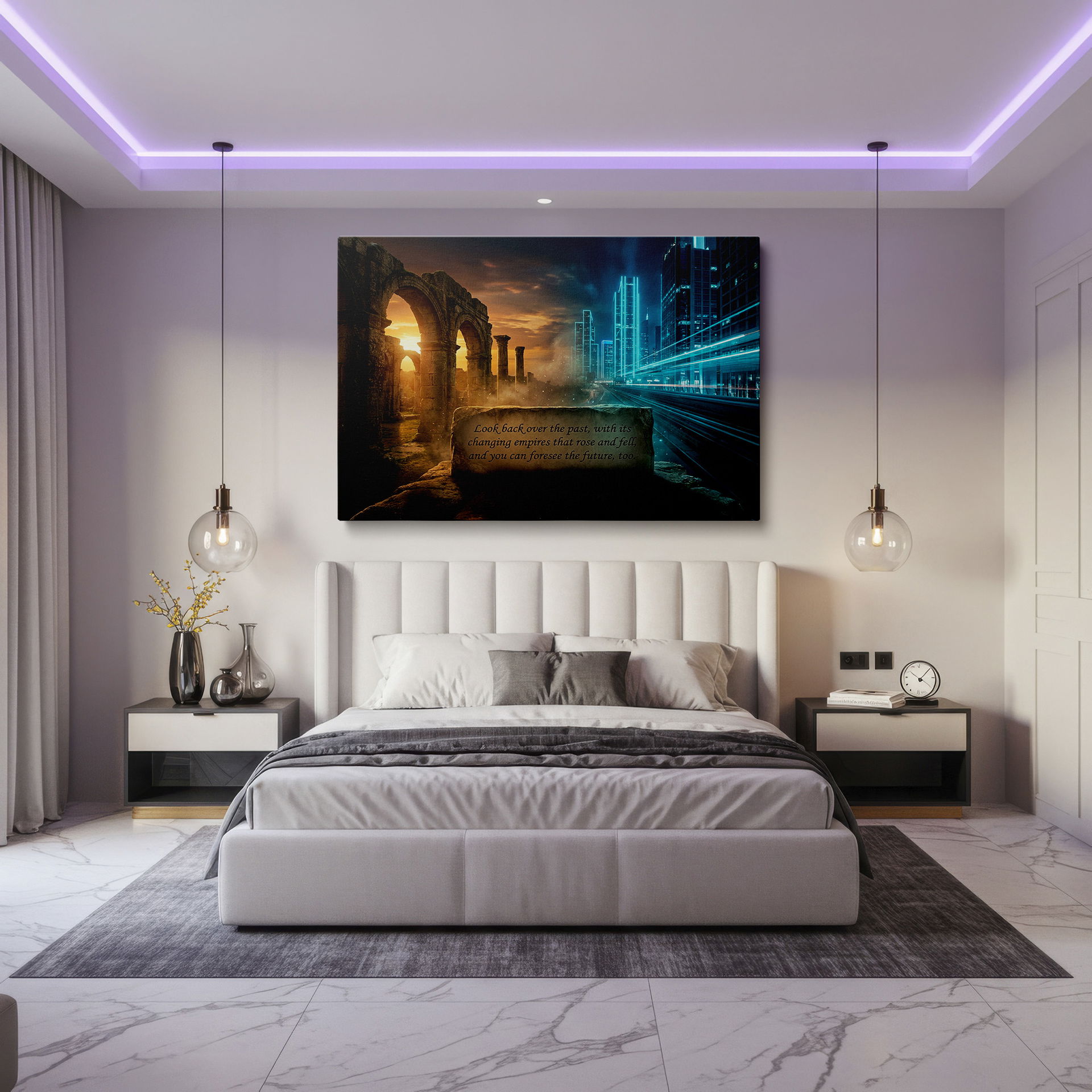 Canvas wall art showcasing a modern city, ruins, and an empowering quote, creating a unique and thought-provoking statement piece.