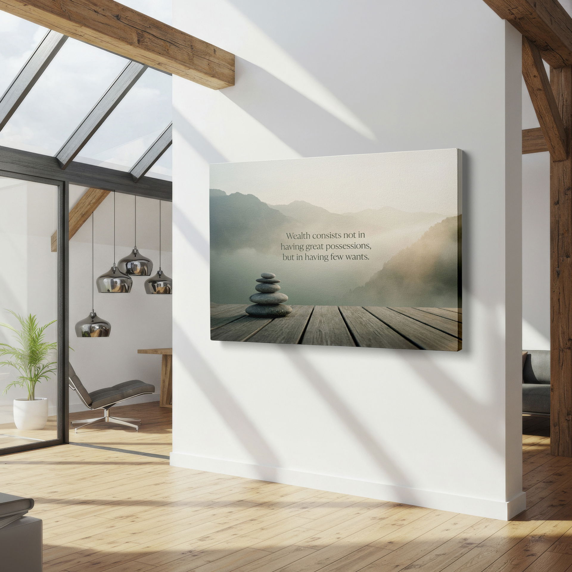 Zen stone stack art: A peaceful mountain backdrop highlights this inspirational quote wall art. A unique addition to wall decor.