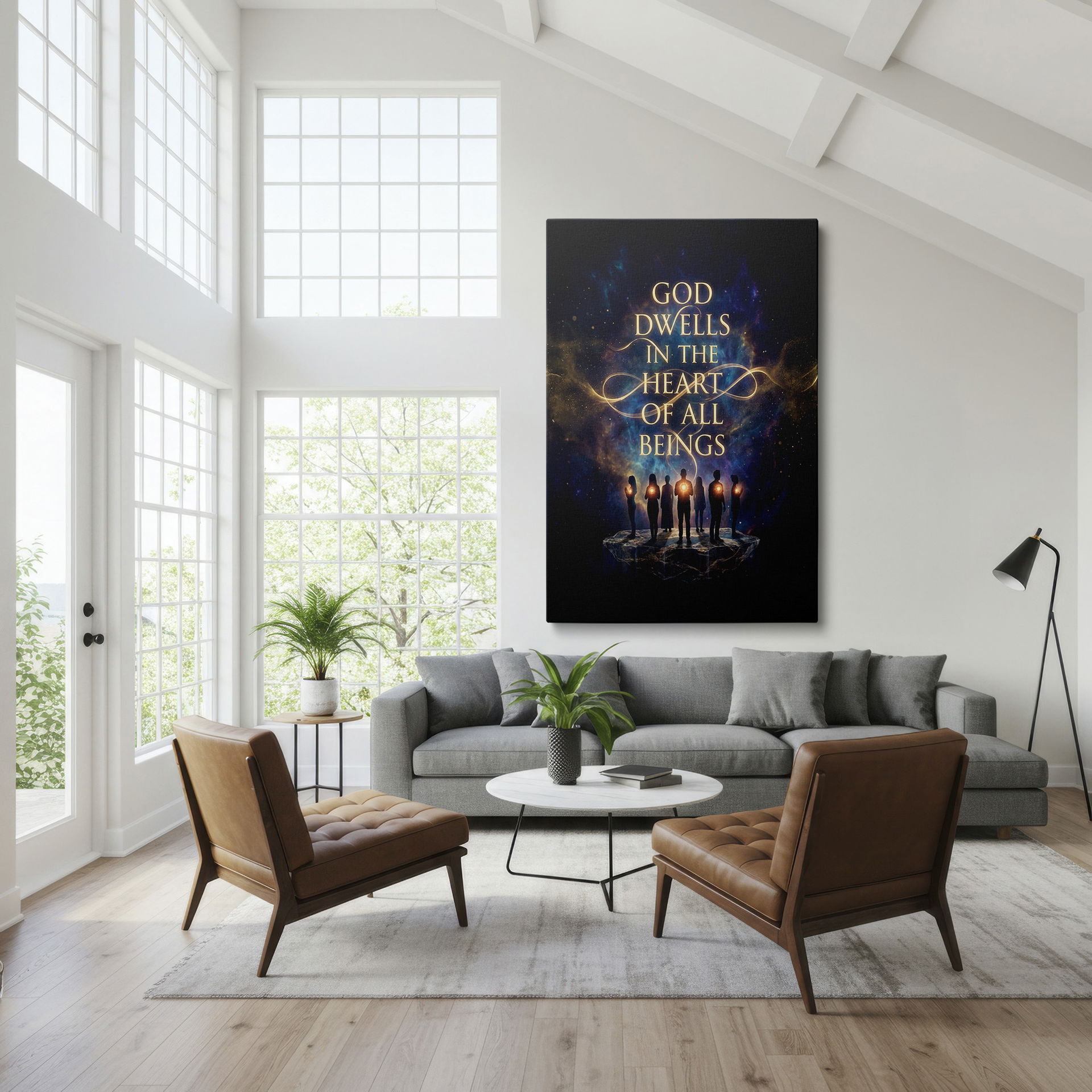 Beautiful wall art displaying the message 'God Dwells in the Heart' with figures glowing against a nebula background.