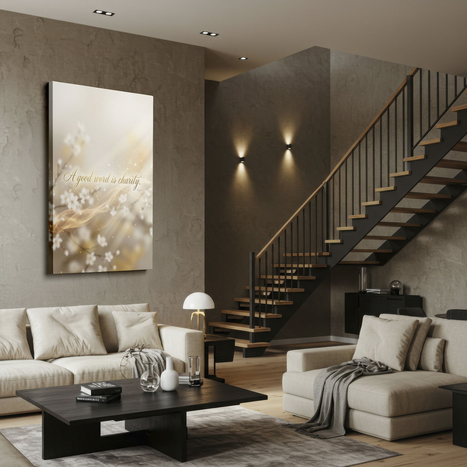 'A good word is charity' Wrapped Canvas featuring delicate flowers and shimmering gold accents for peaceful home decor.