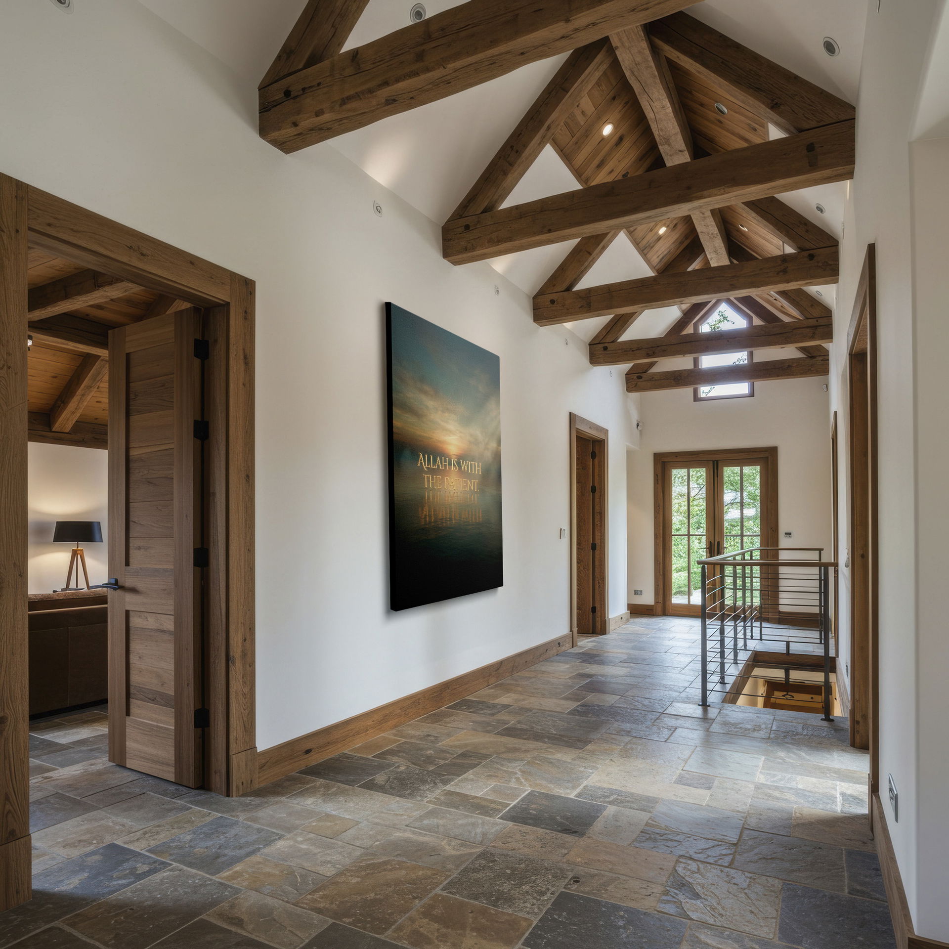 Beautiful Wrapped Canvas art presenting 'Allah Is With The Patient' over a serene sky and water view, great for adding a spiritual touch.