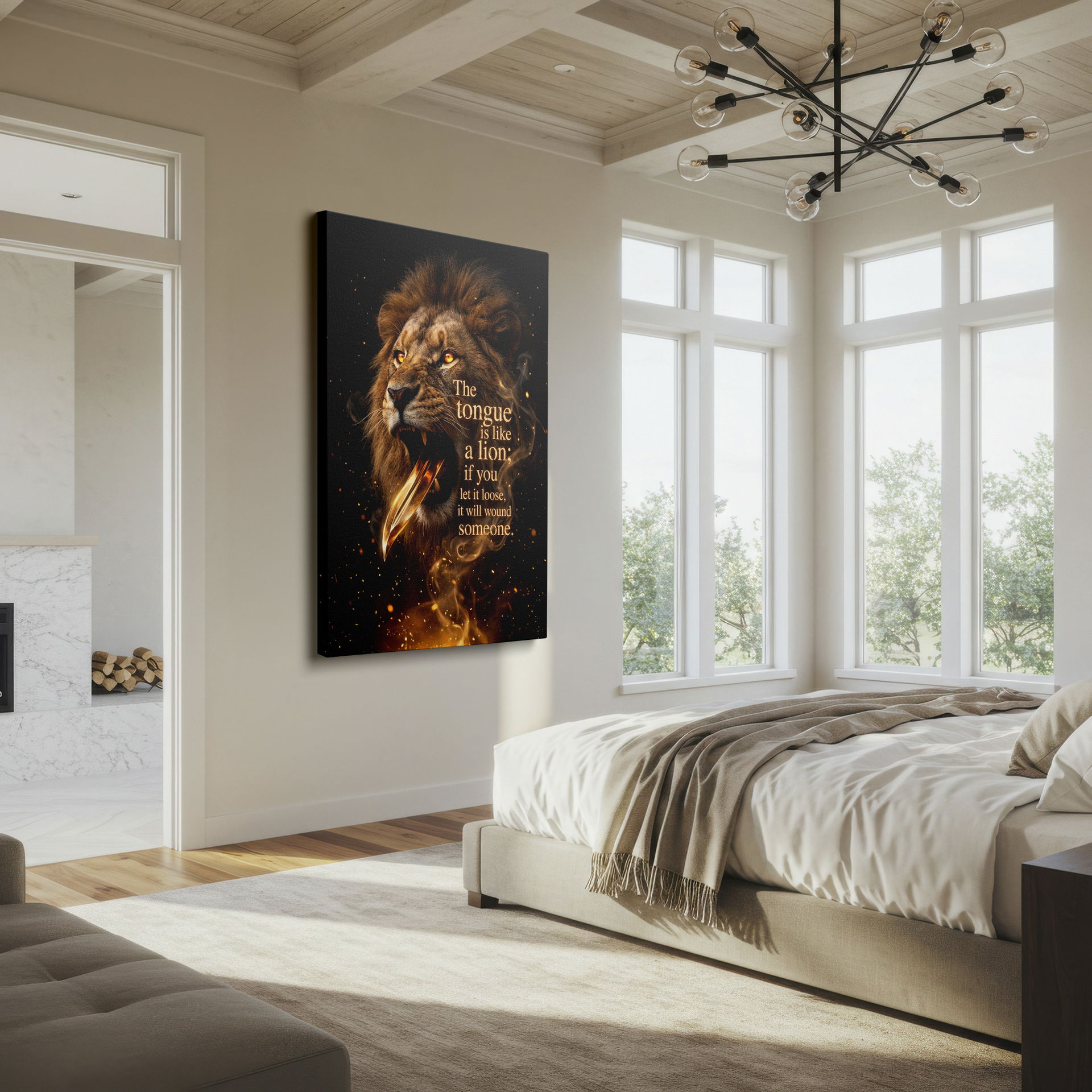 Powerful wall decor of a lion, its tongue visualized as a blade, accompanied by a meaningful quote about words.