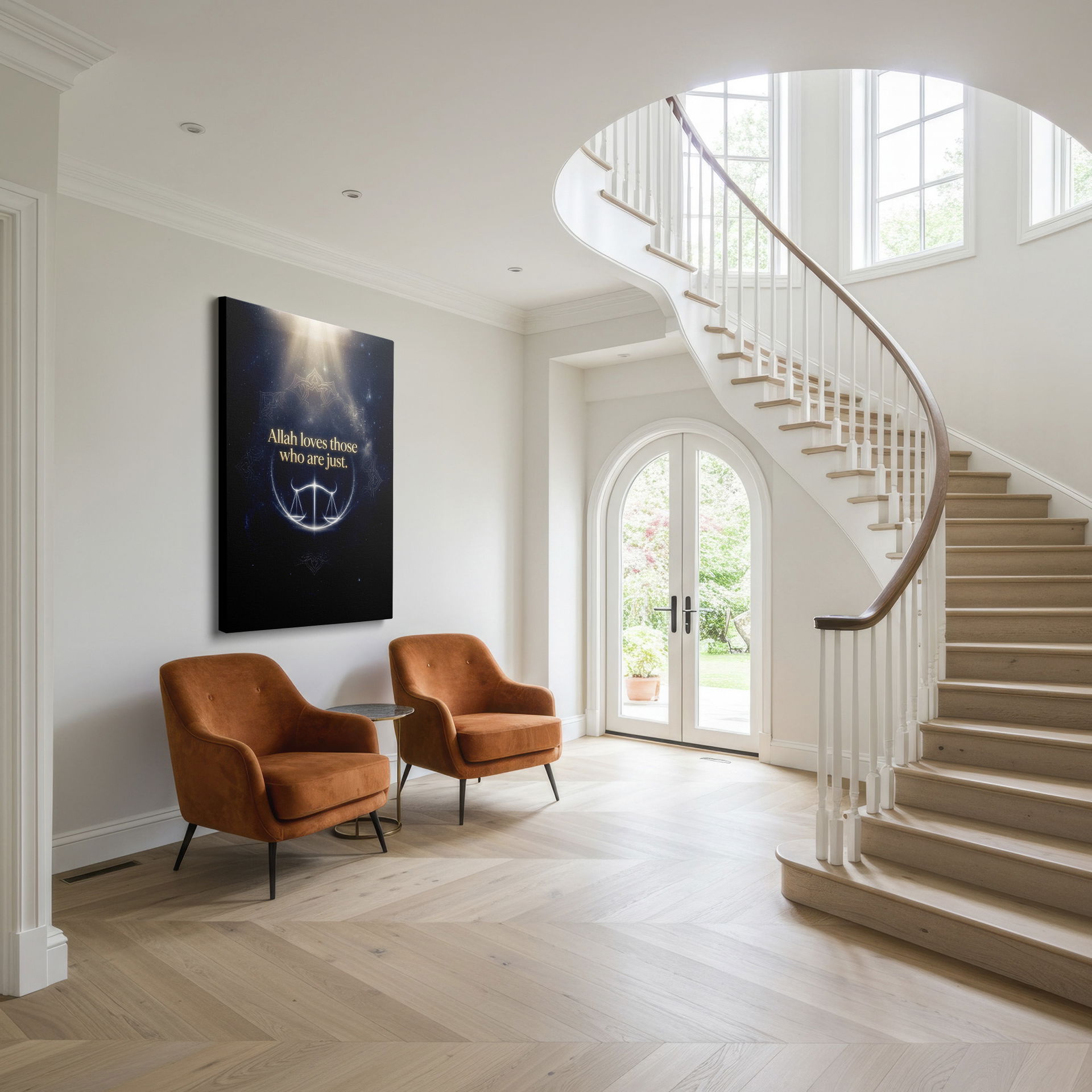 Radiant Scales of Justice image symbolizing fairness and balance displayed on Wrapped Canvas.