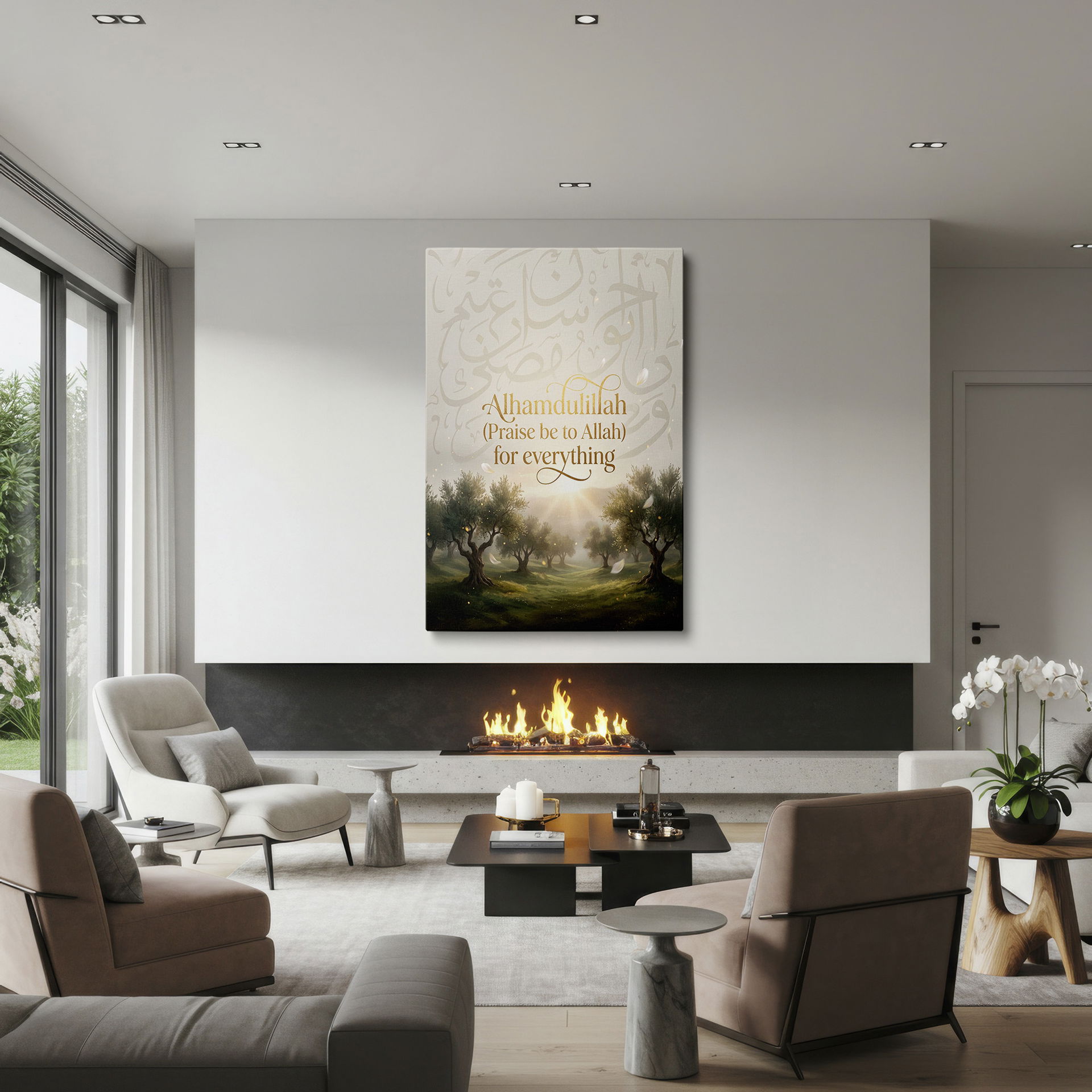 'Alhamdulillah' wall art: Arabic calligraphy artfully displayed over a serene olive grove landscape.