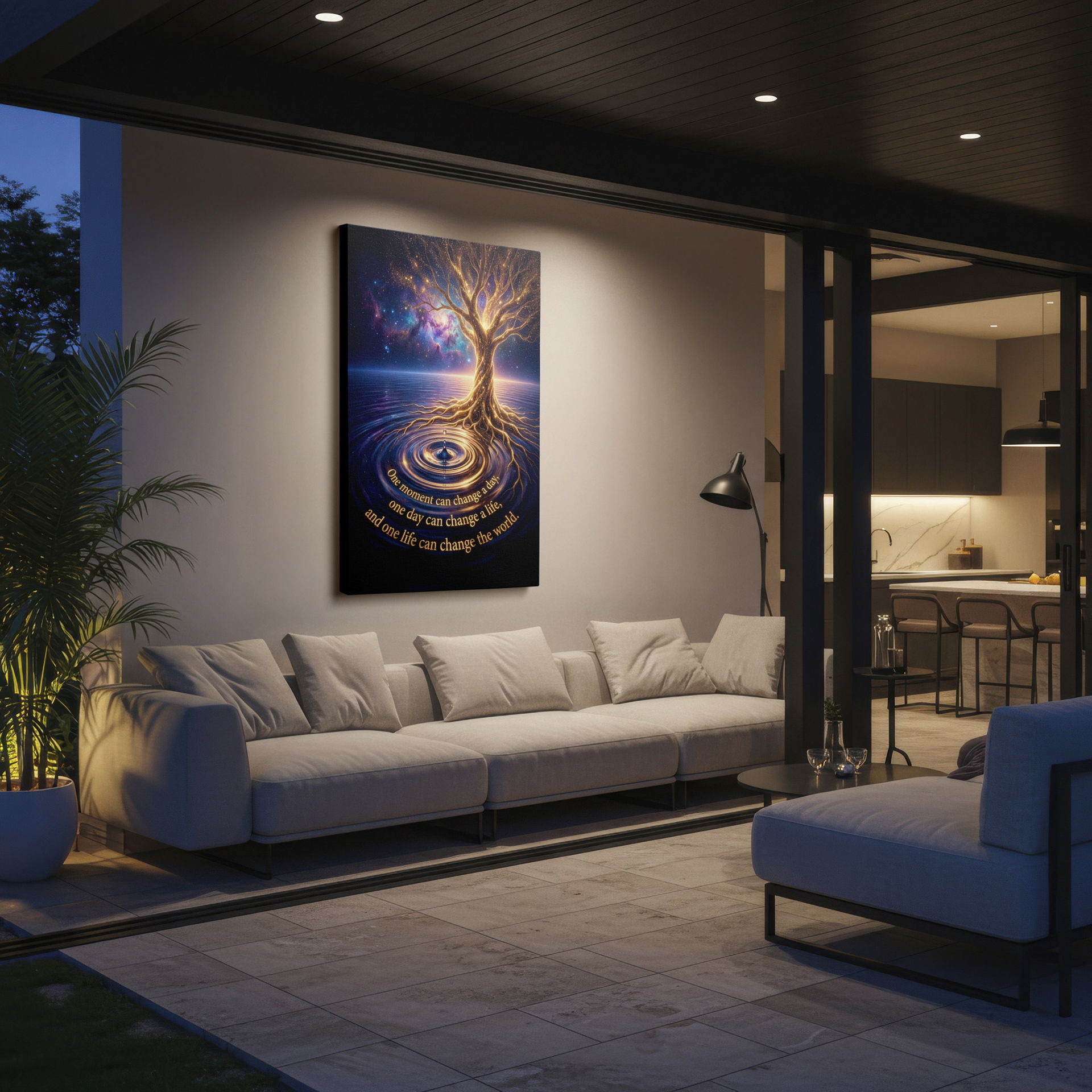 Glowing tree with roots extending into water. Bring nature indoors with this unique Wrapped Canvas.