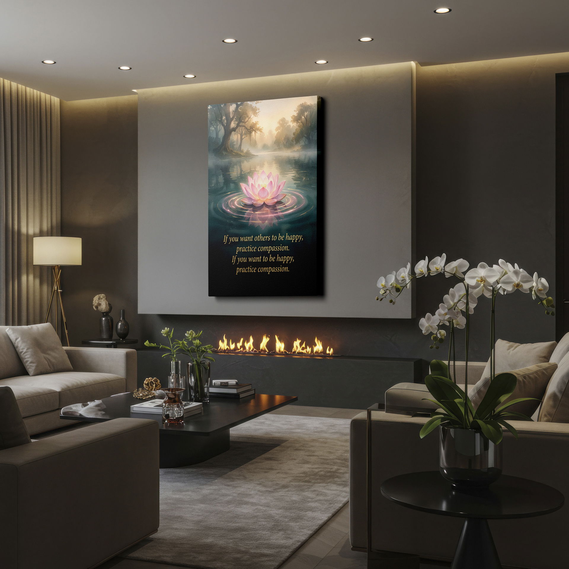 Beautiful wall art portraying a lotus blossom spreading compassion over water.