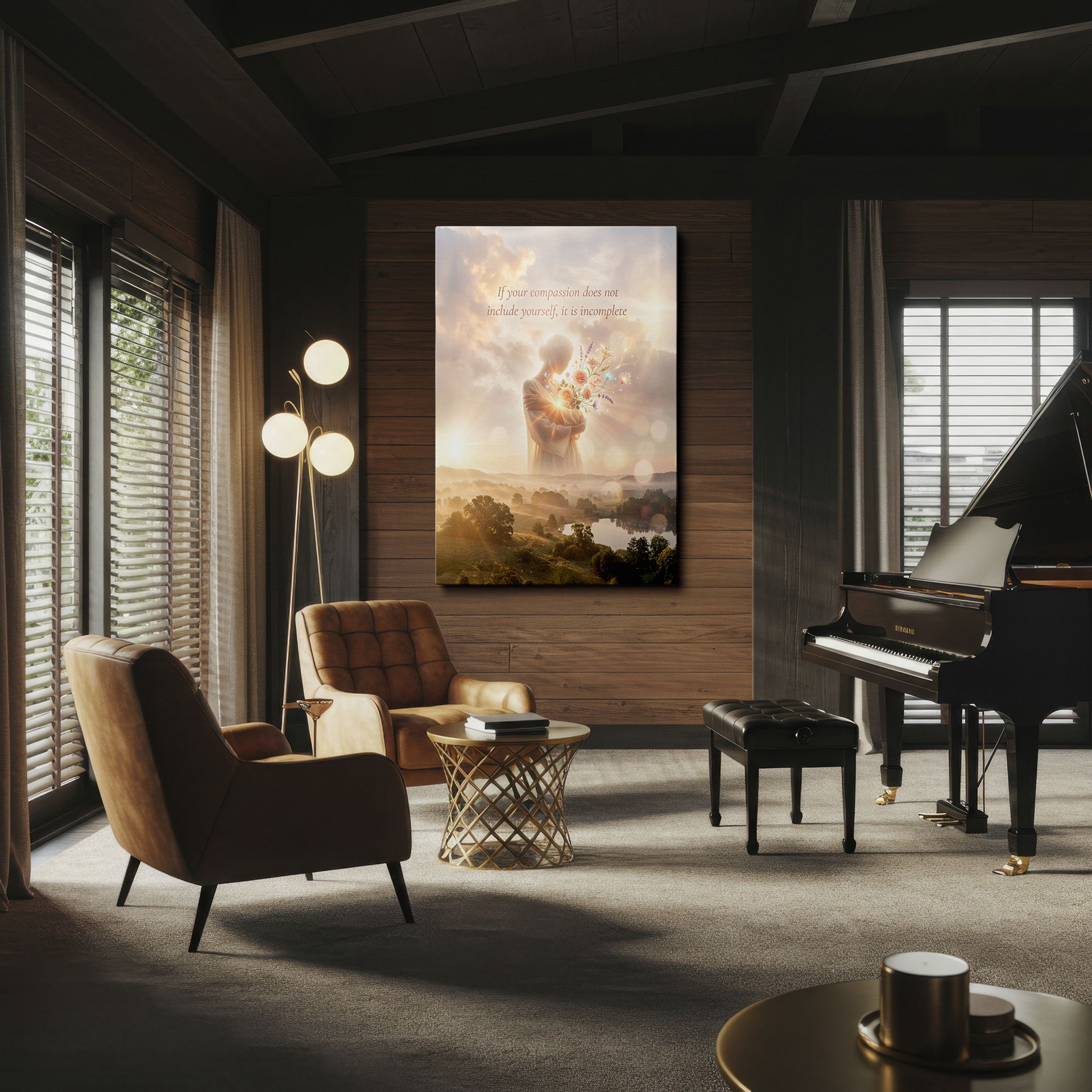 Ethereal wall art featuring a woman holding flowers in a glowing landscape with a compassion message.