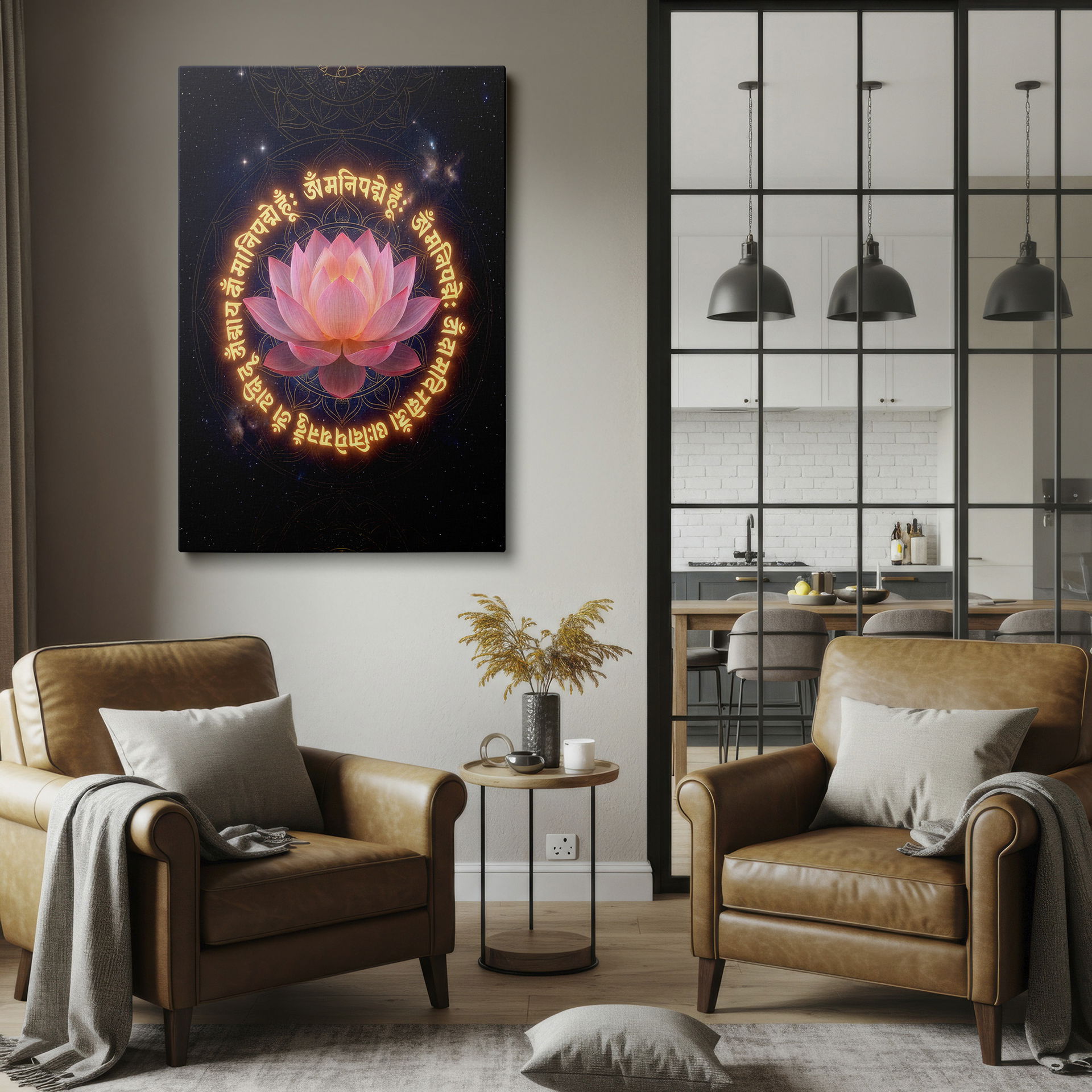 Serene lotus and Sanskrit symbols evoke spiritual wall art.