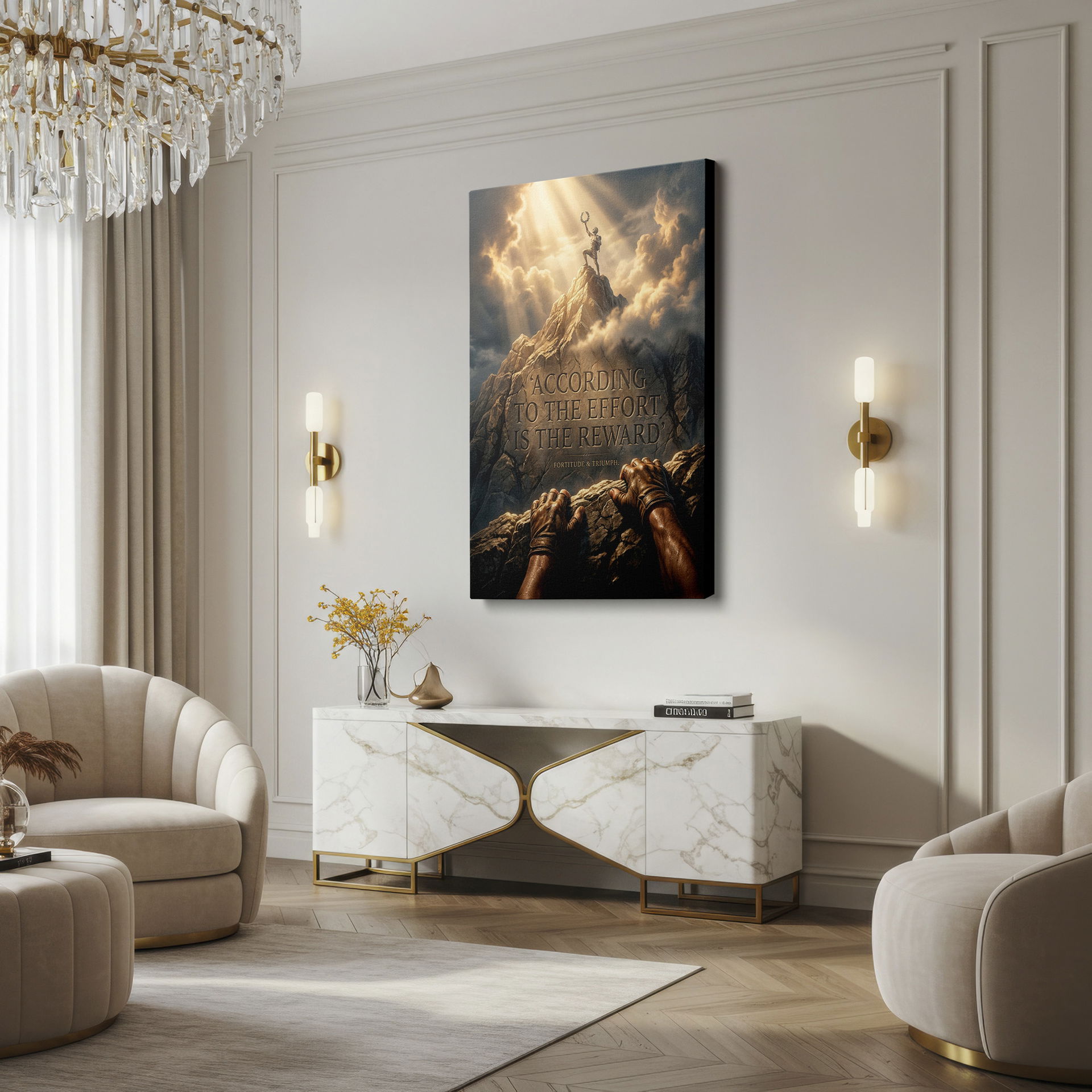 Detailed texture of rock face with an engraved quote: 'According to the effort is the reward' - ideal wall art.