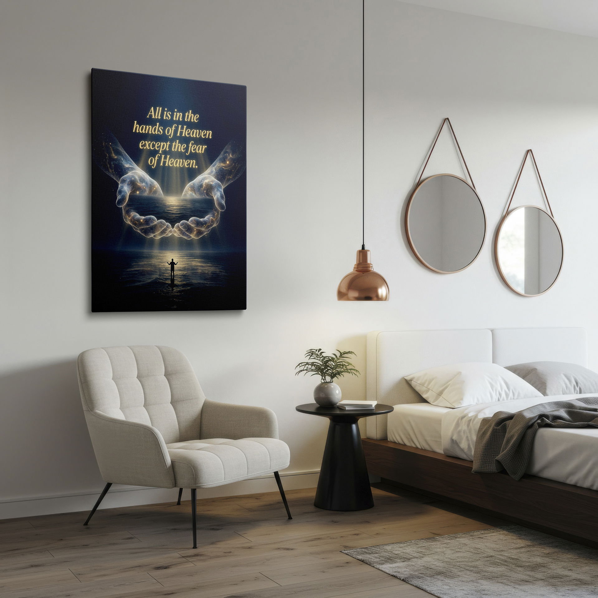 Inspirational wall art showcases luminous hands holding the sea, representing hope, peace, and divine guidance.