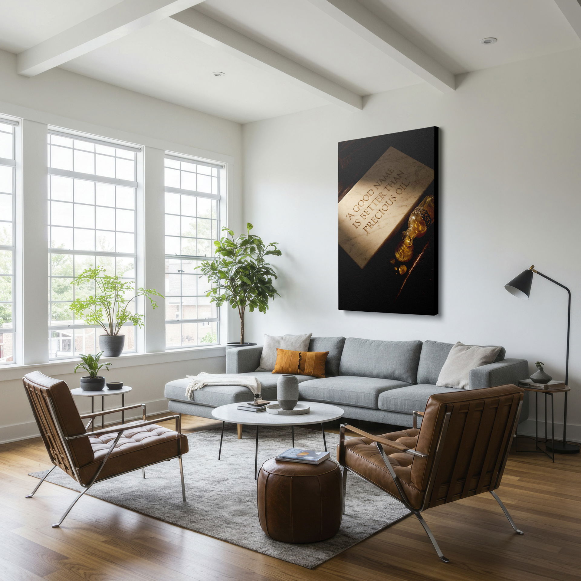 Artistic stone plaque with golden oil, presented as eye-catching Wrapped Canvas art.