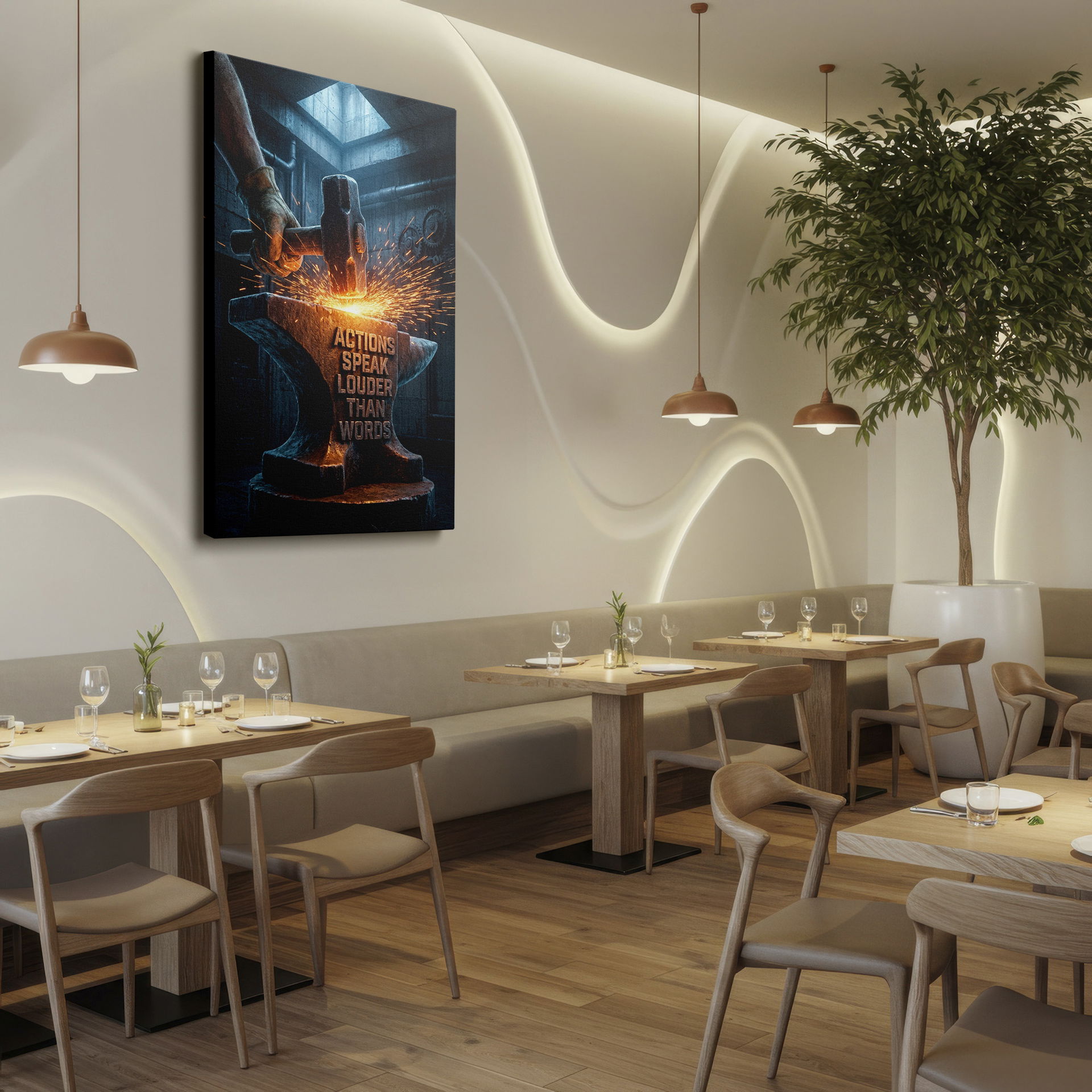 Craftsman forges 'Actions Speak Louder Than Words' onto an anvil, showcased in industrial Wrapped Canvas art.
