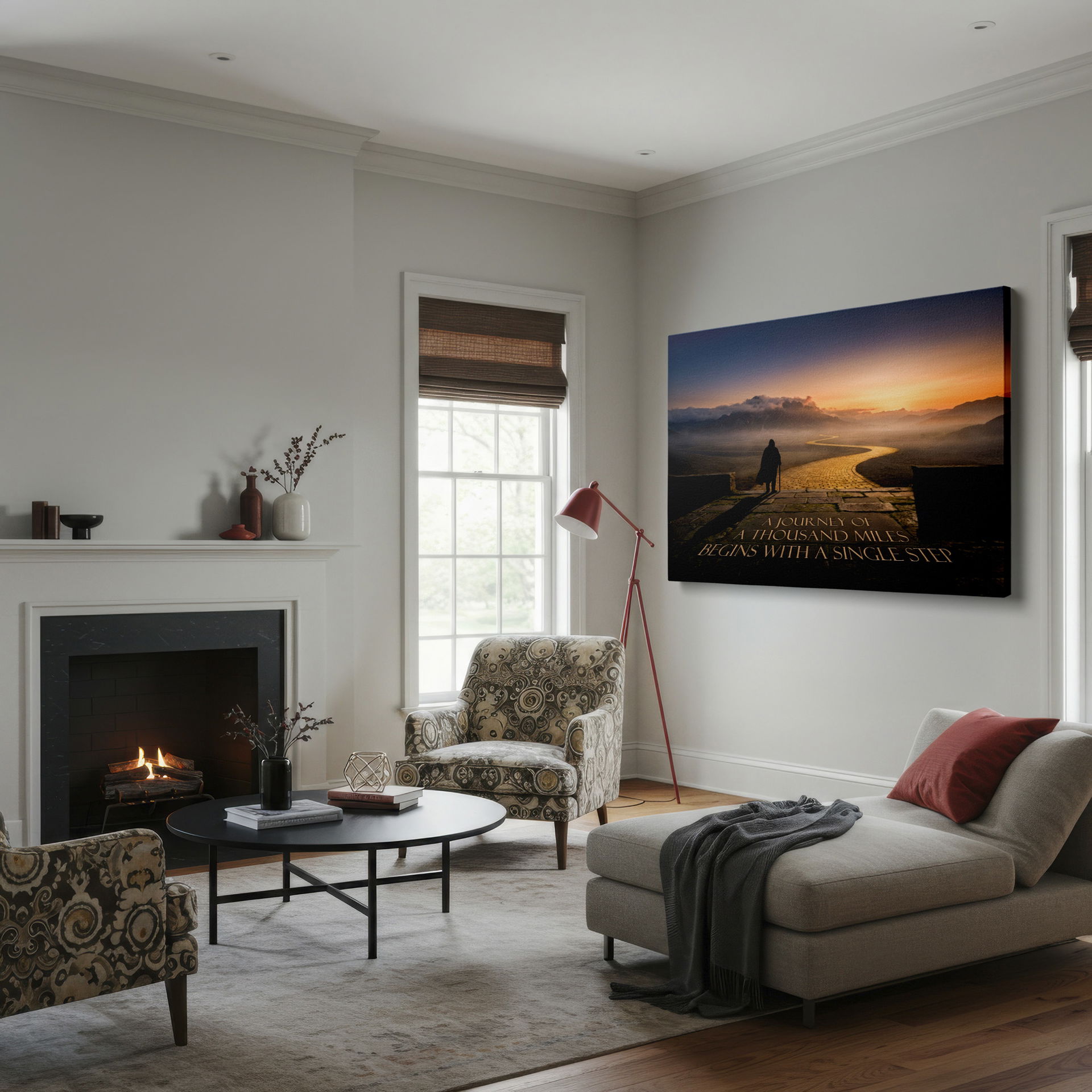 Inspirational figure Wrapped Canvas, gazing at a mountain path, motivational quote displayed on pathway.