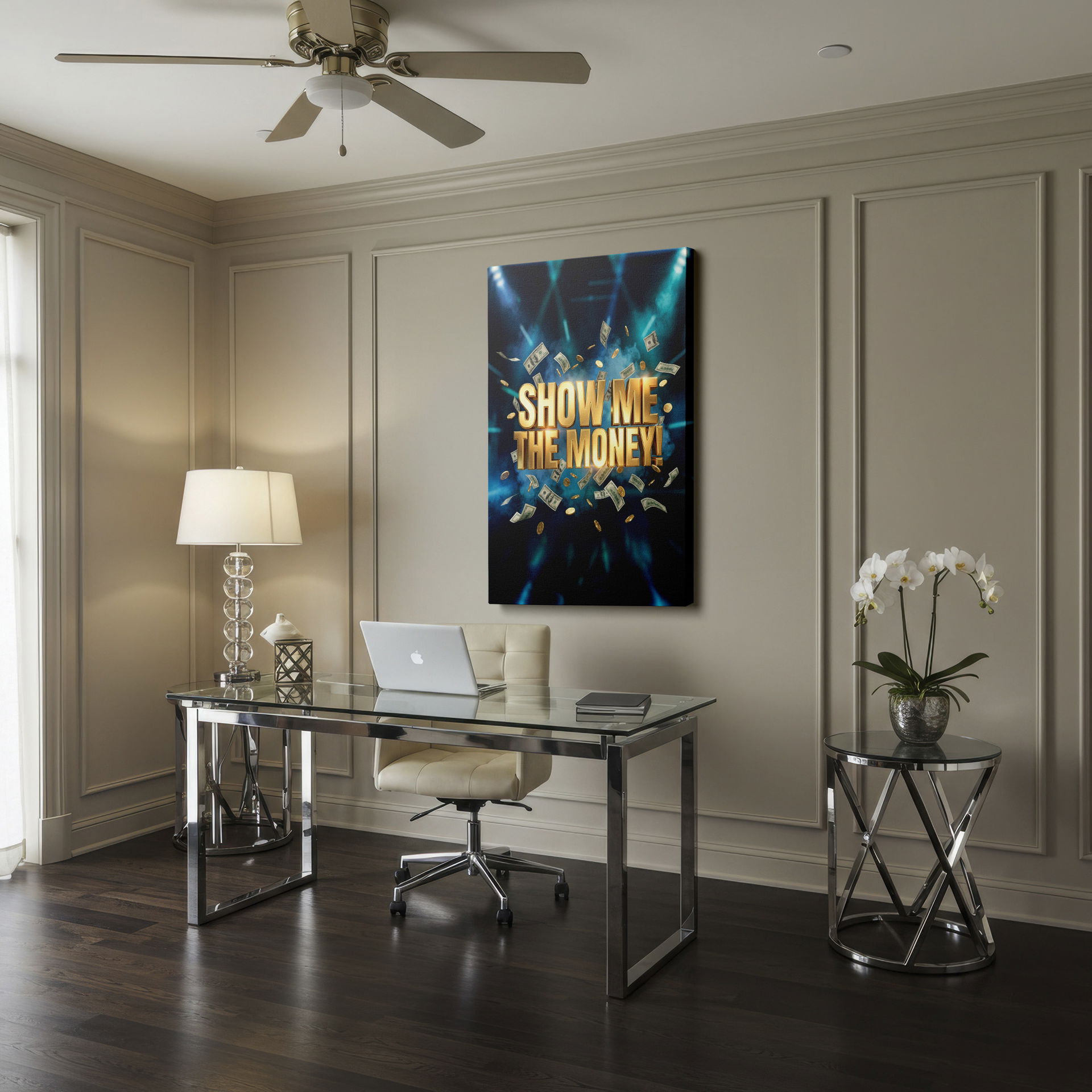 A vibrant 'Show Me The Money' motivational wall art with shimmering gold letters & money rain.