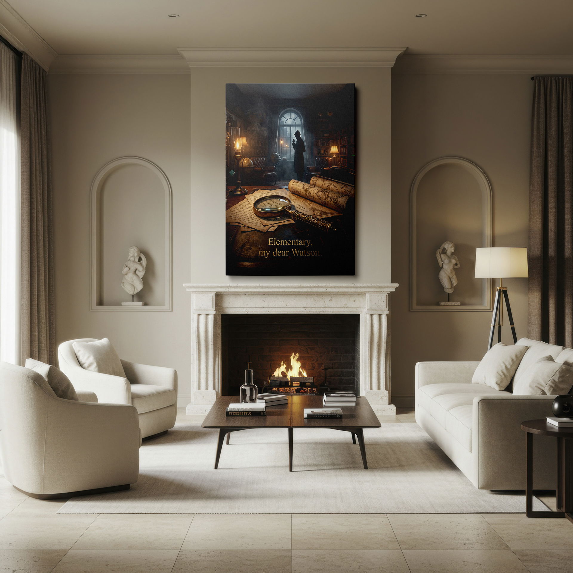 Vintage study wall art showcases a detective, maps, and the iconic 'Elementary, my dear Watson' quote.