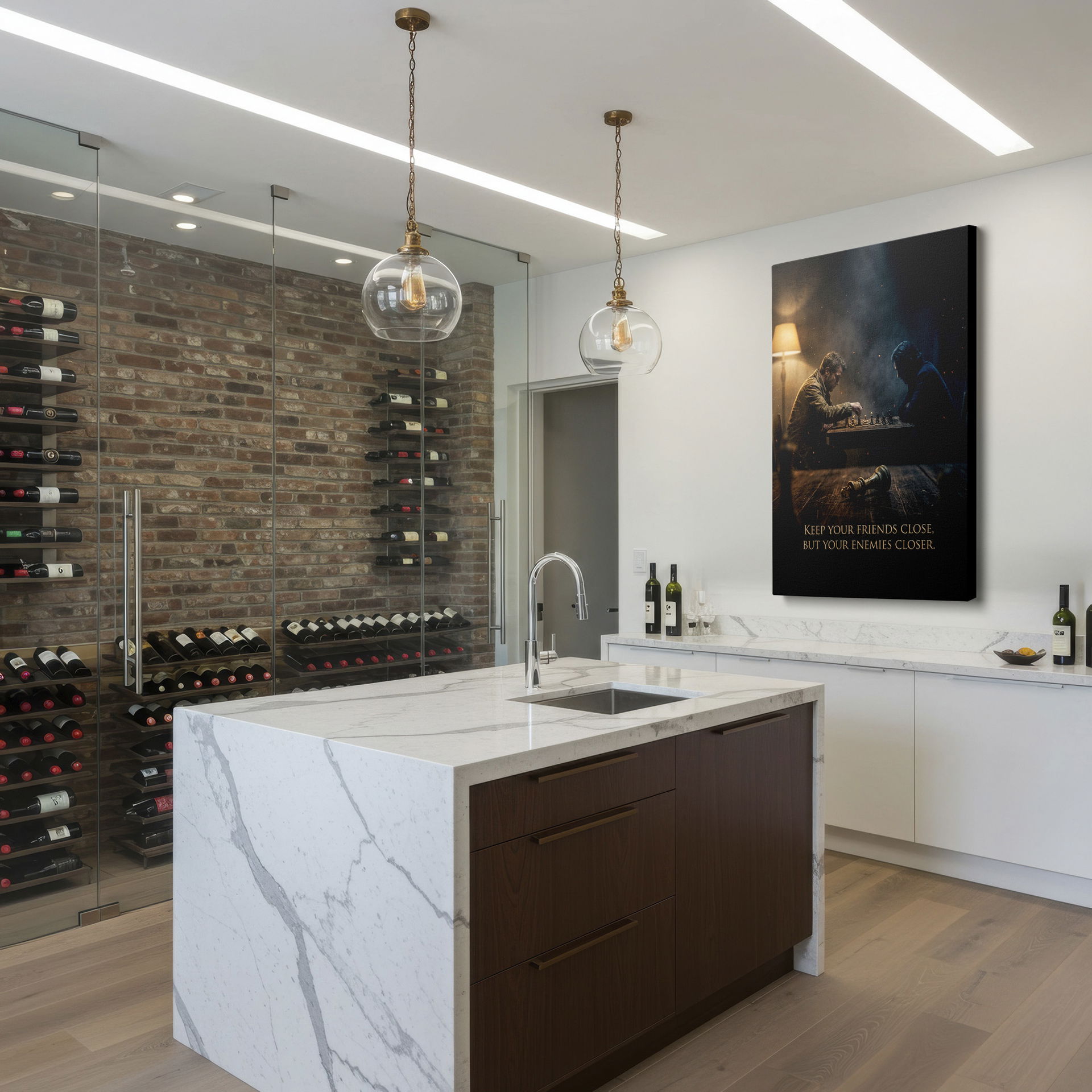 Captivating chess scene with a fallen king and 'Keep your friends close...' quote adds depth as wall decor.