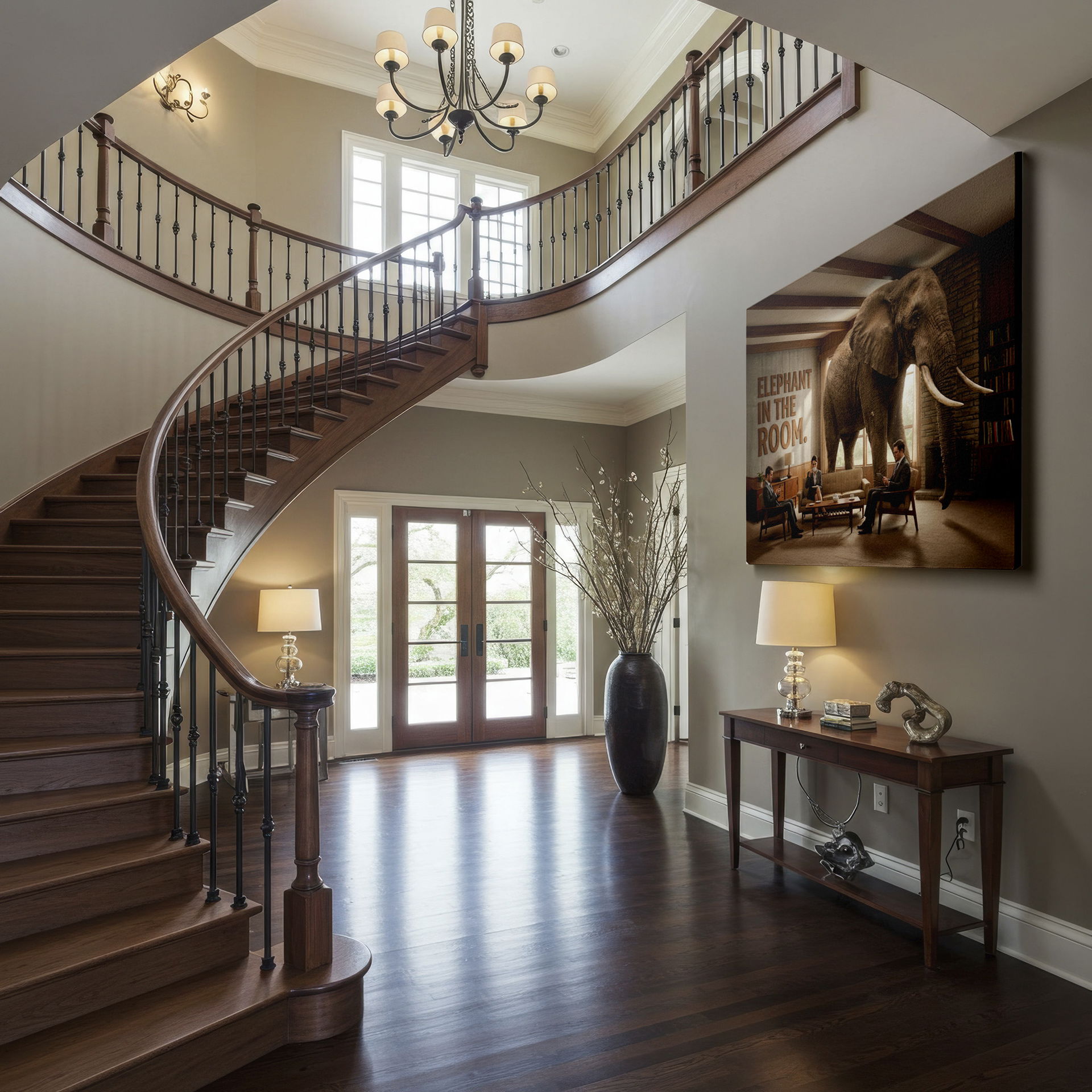 Conceptual wall art presenting a room with an elephant; commentary on unspoken truths in a visually striking way.