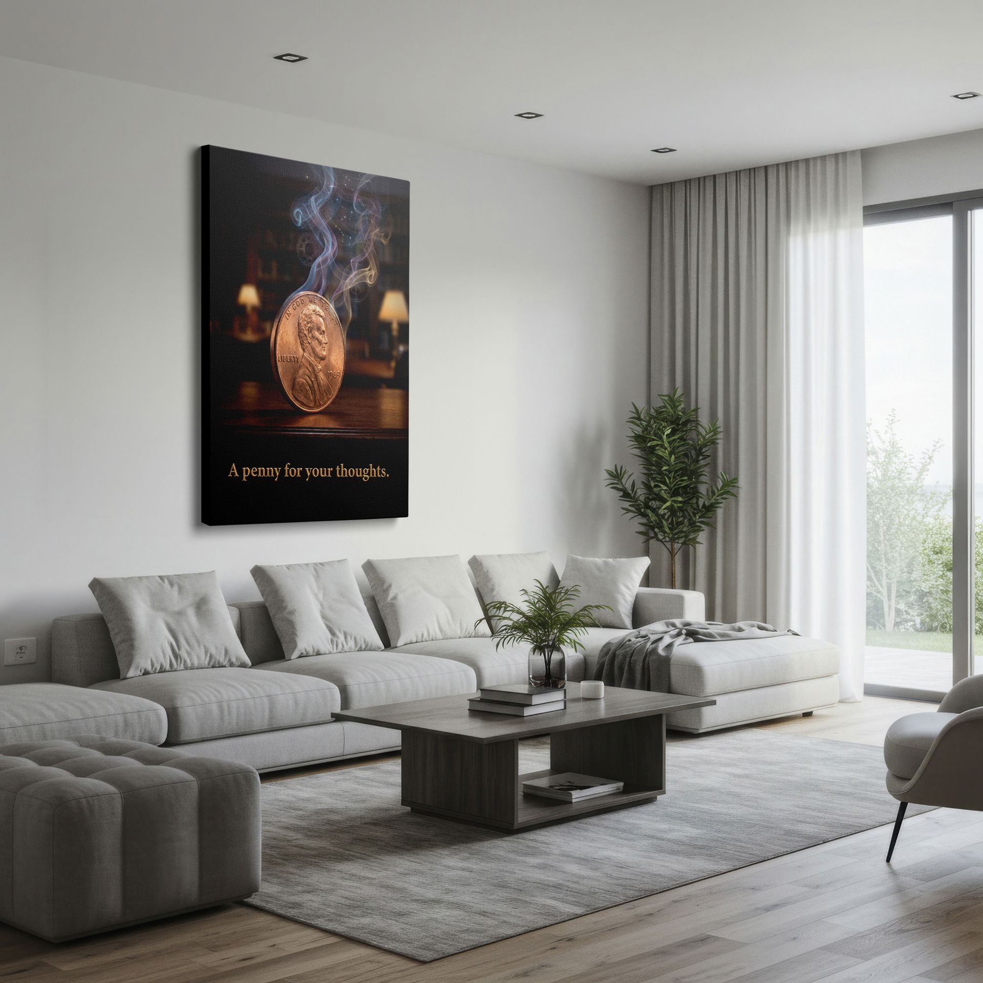 Ethereal wall decor: A close-up of a penny encircled by smoke constellations and gears, adding intrigue to any space on Wrapped Canvas.