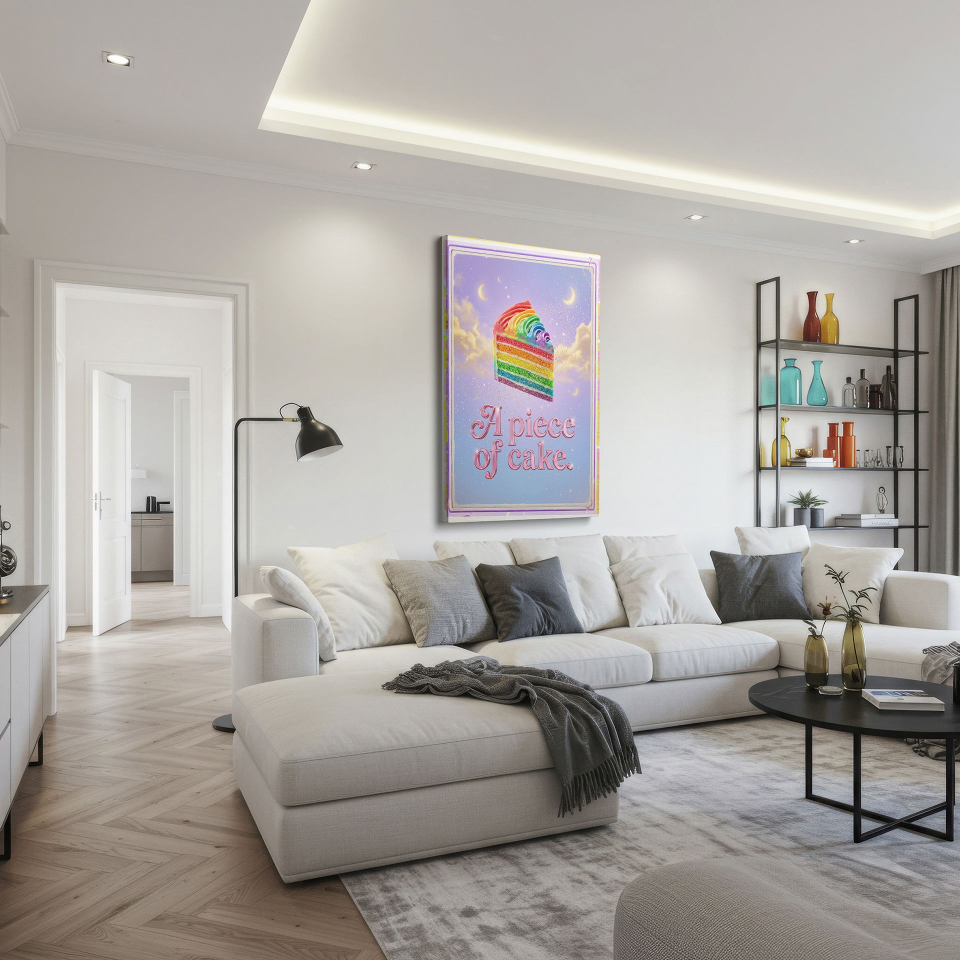 Display this colorful cake image as wall art for a whimsical touch, set against a dreamy background.