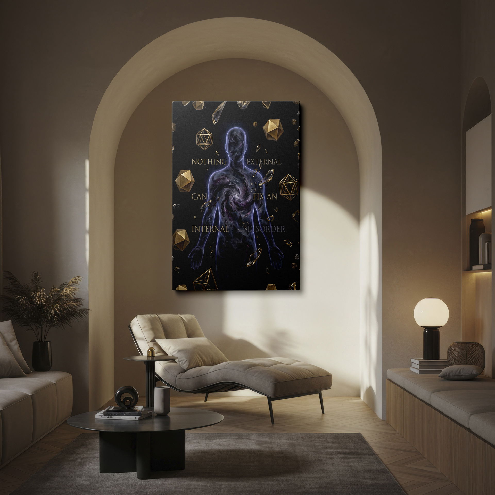 Abstract wall art featuring a galactic human form and a powerful quote. A unique addition to any wall decor.