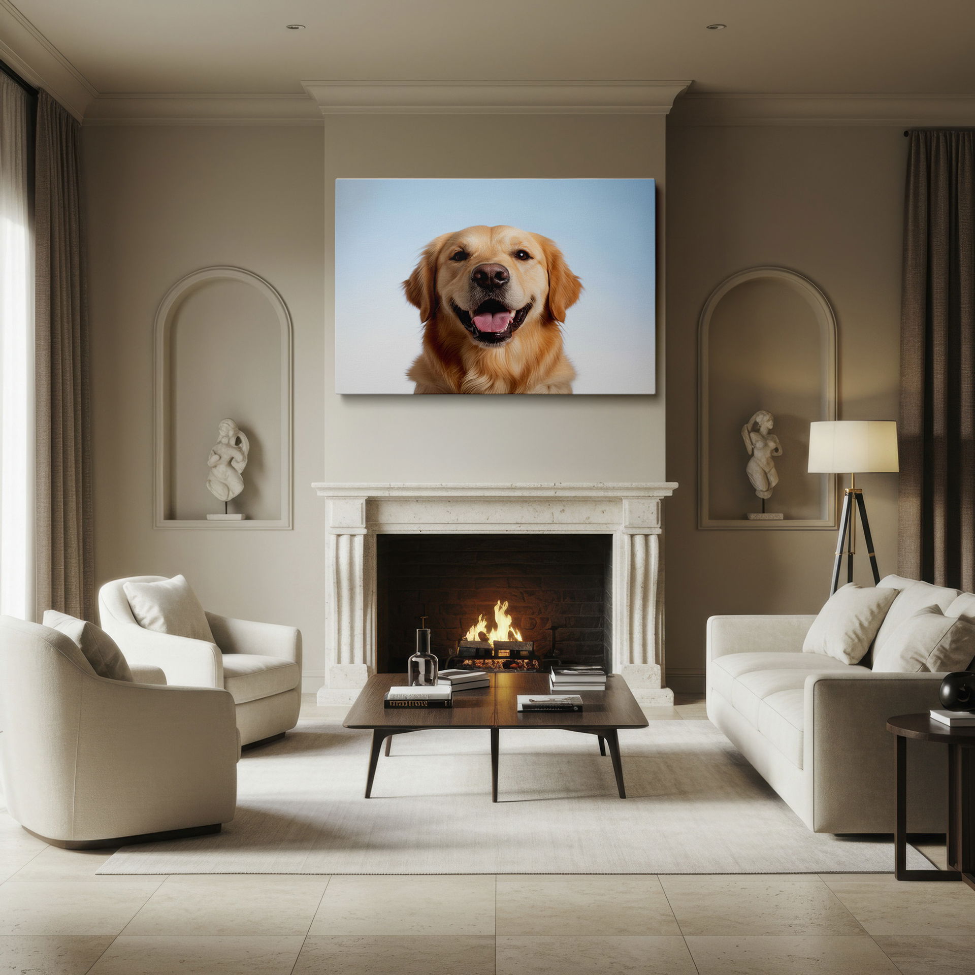 Close-up wrapped canvas of a Golden Retriever shows its open mouth & eager expression; ideal for adding a happy vibe with wall decor.