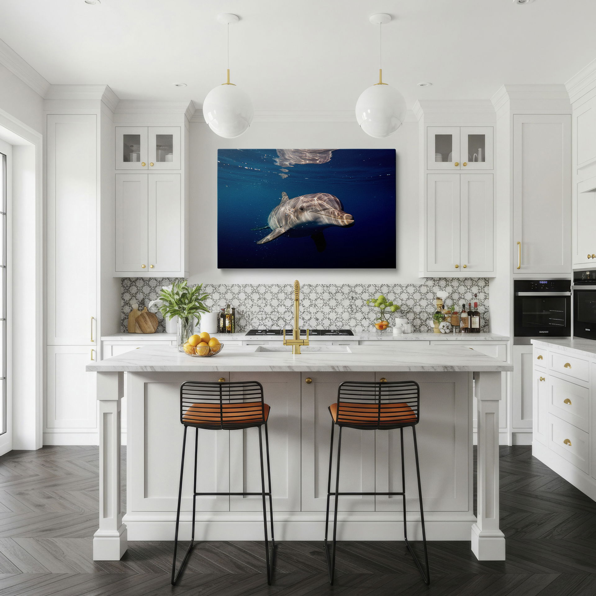 Beautiful wall art print of a dolphin swimming serenely in the ocean, illuminated by sunlight reflections.