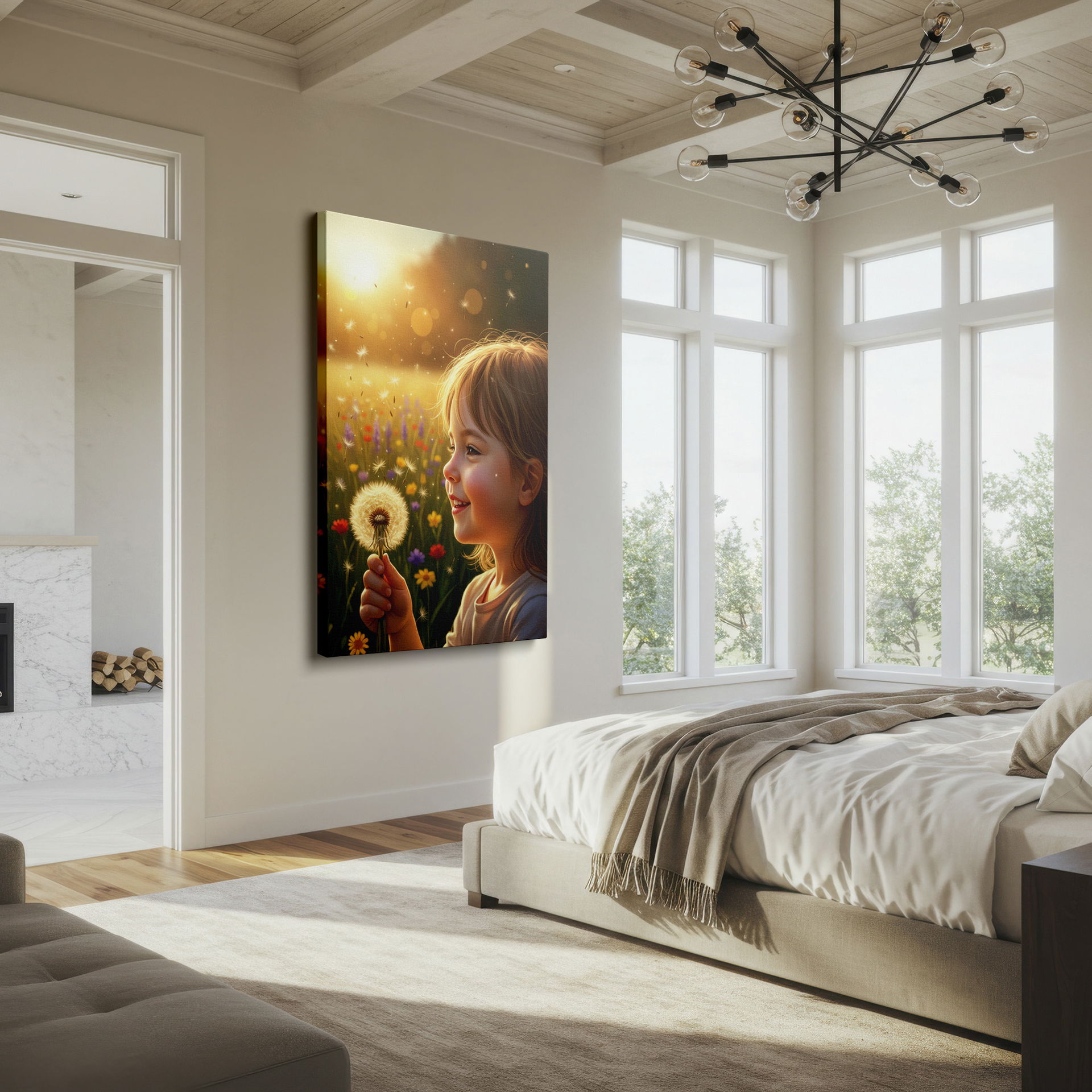 A smiling child in a meadow of wildflowers holding a dandelion. Add joy with this beautiful wall art.