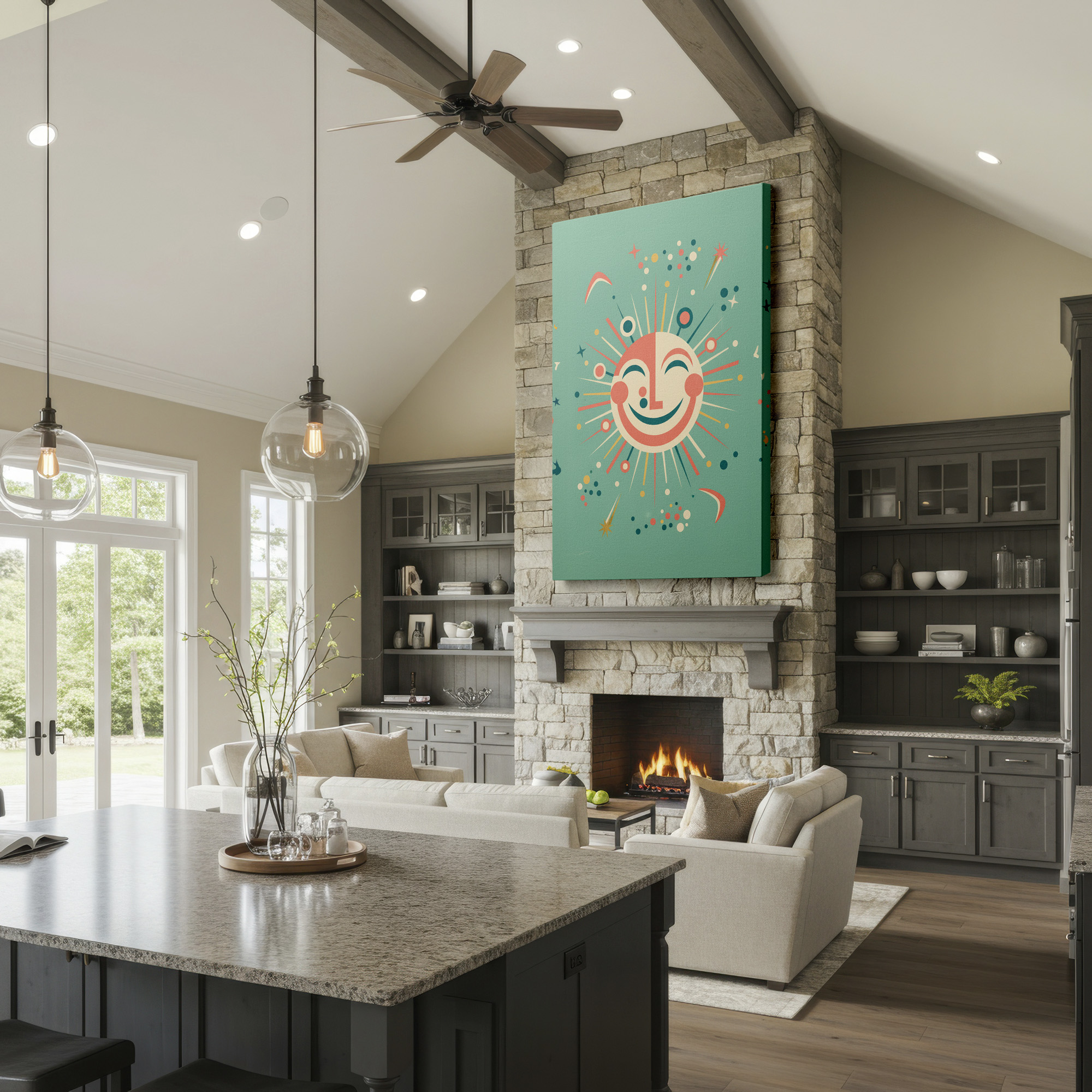 Abstract celestial sun with retro-style bursts; teal background, perfect wall art.