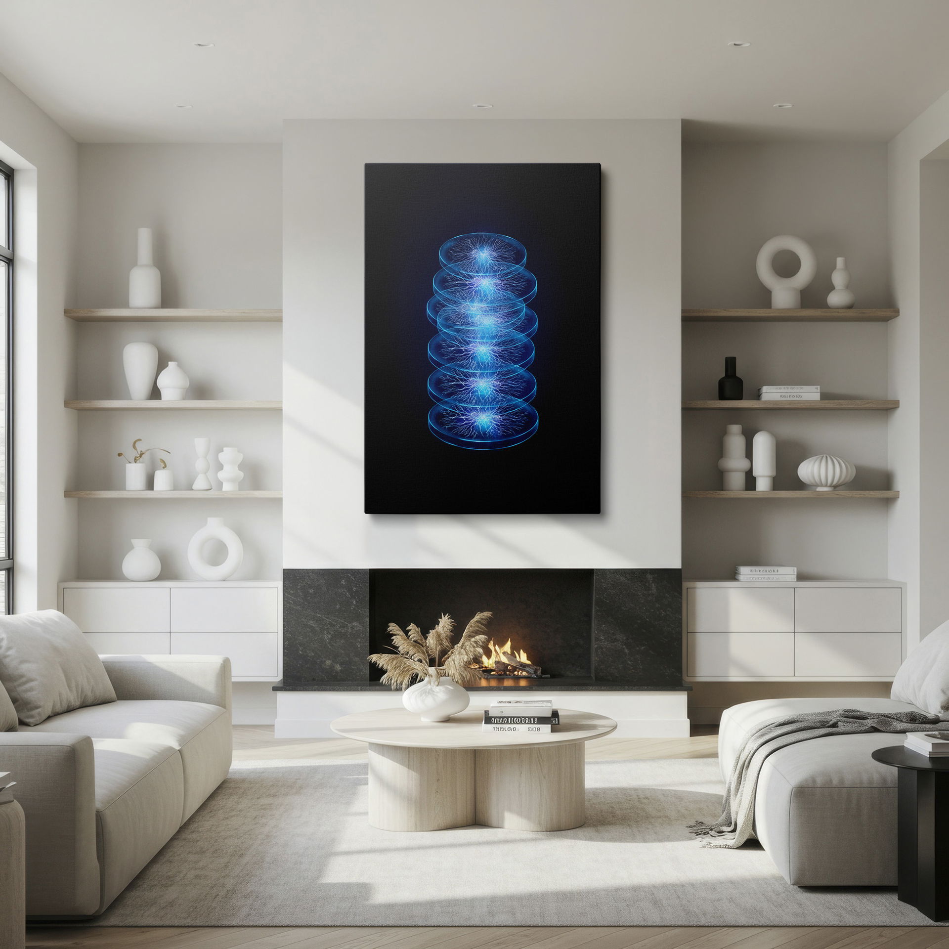 Radiant energy captured on Wrapped Canvas: Blue discs create a mesmerizing abstract design.