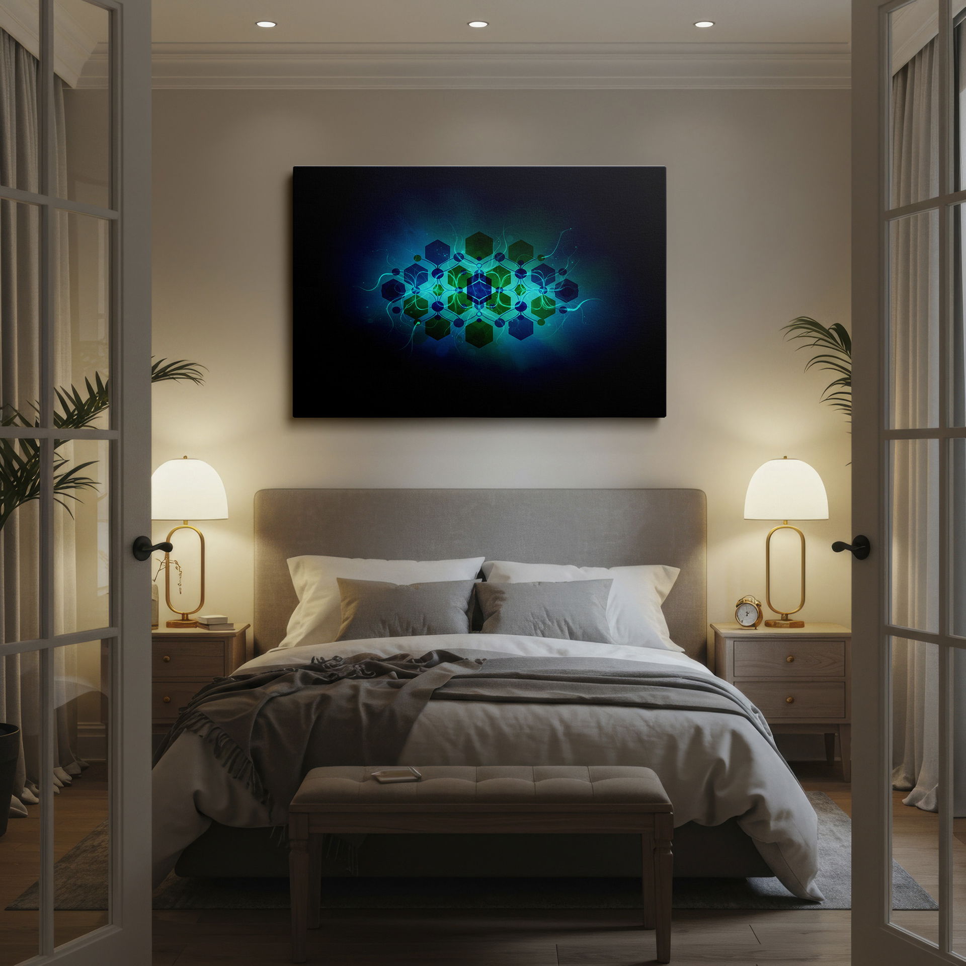 Abstract wall art displaying a complex network of interconnected shapes, creating a modern and visually appealing design.