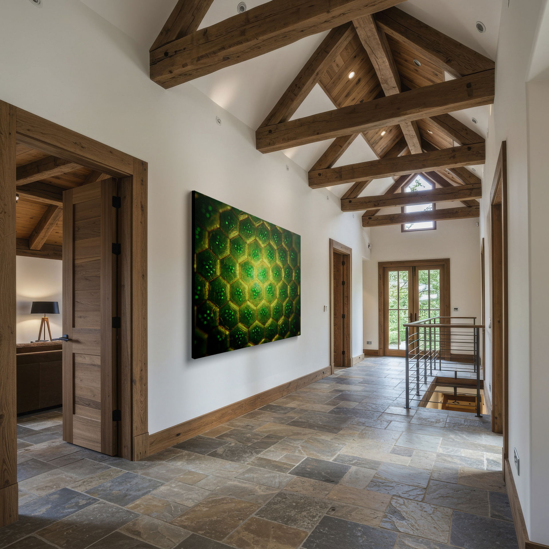 Mesmerizing abstract cell structure displayed in green geometric wall art, perfect Wrapped Canvas.