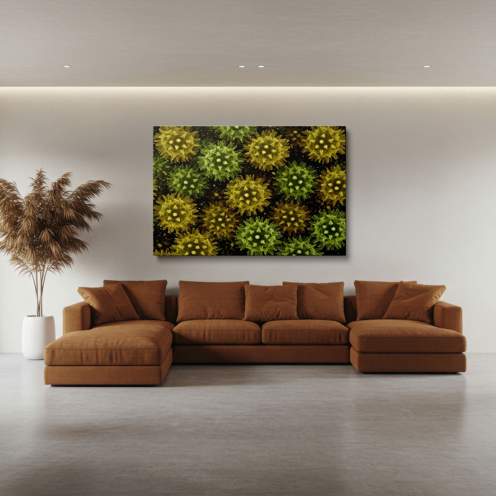 Botanical wall art features a close-up microscopic image of a floral pattern with vivid green and yellow colors.