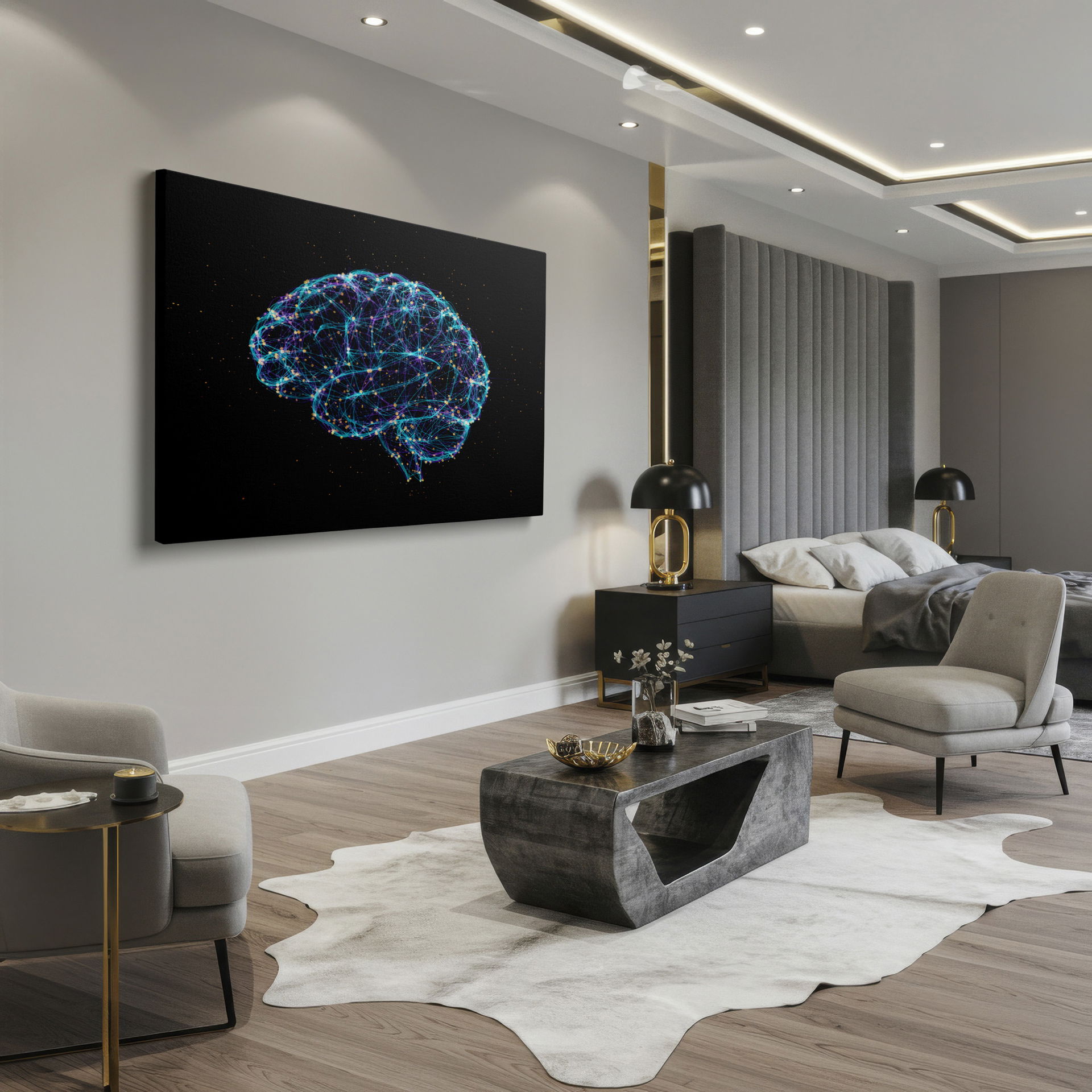A digitally created, glowing network brain with interconnected nodes, starkly contrasted on black, perfect for wall art.