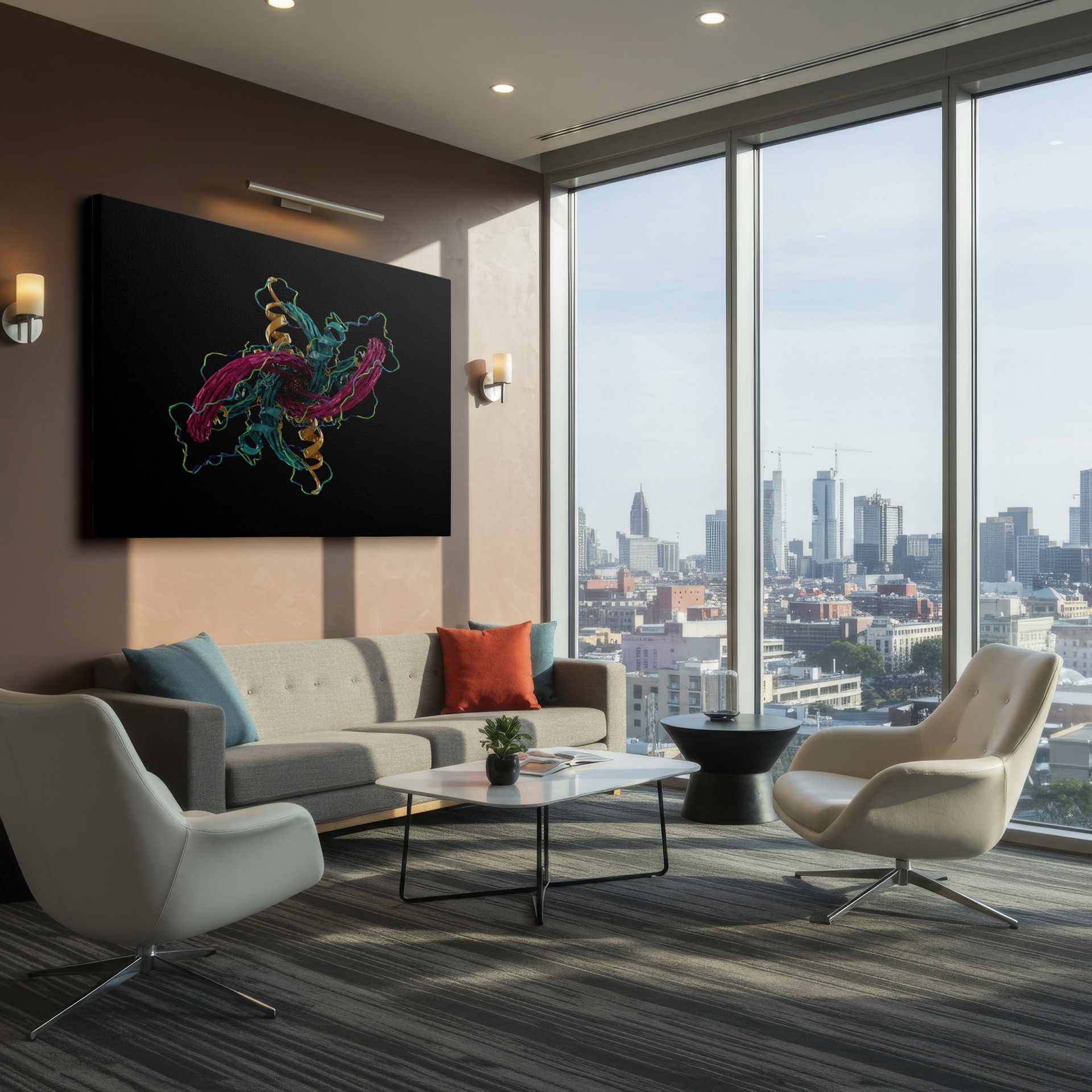 Black backdrop accentuates the teal, magenta, and gold in this abstract digital wall art.