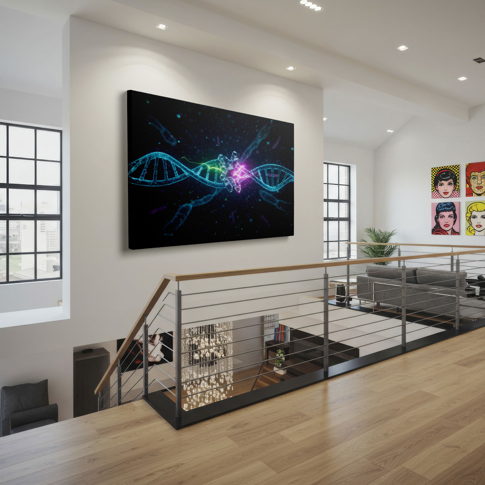 A Wrapped Canvas showcasing a glowing DNA molecule undergoing structural disruption, highlighted in bright pinks and greens.