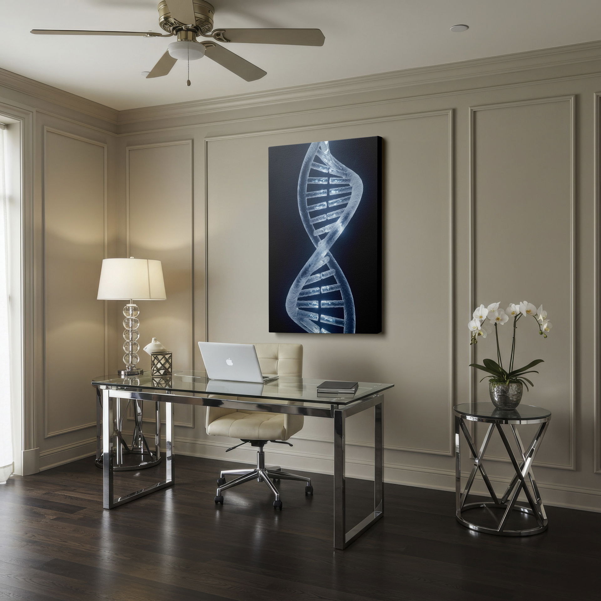 Glowing DNA helix design, offering a modern and scientific aesthetic as a Wrapped Canvas.