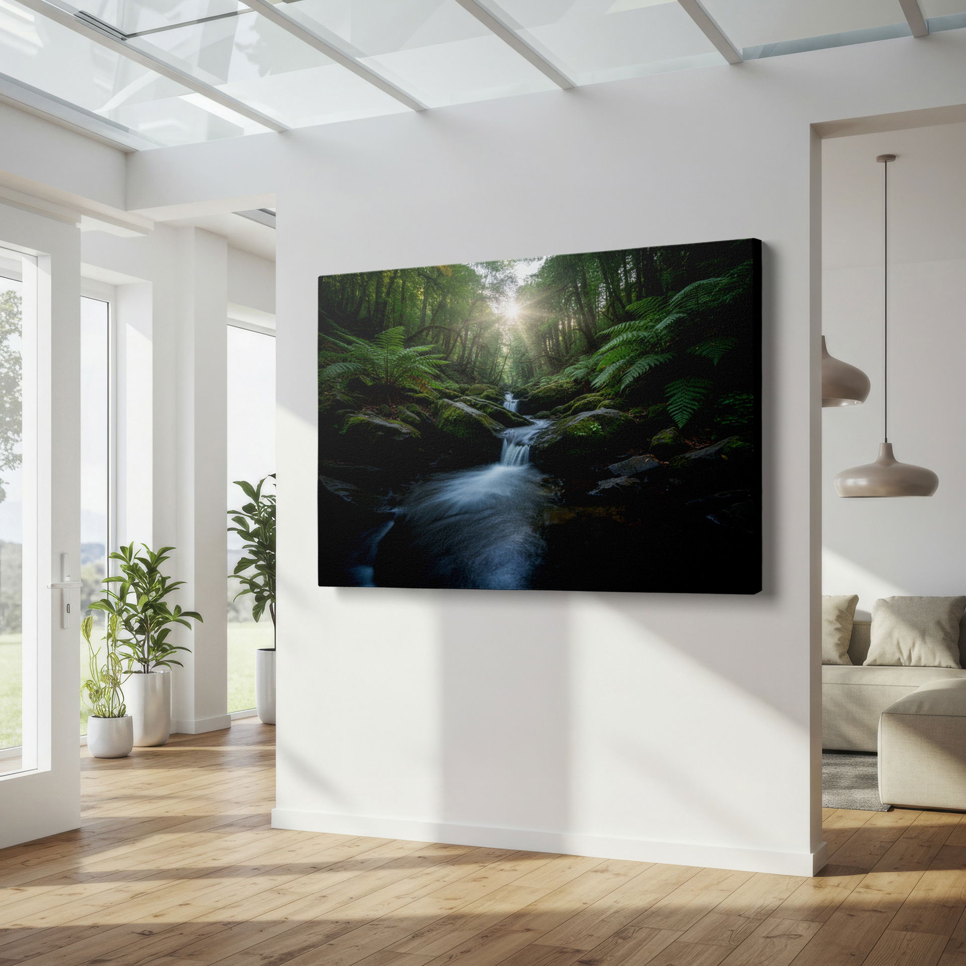 Bring nature indoors with this captivating forest stream landscape available as Wrapped Canvas.