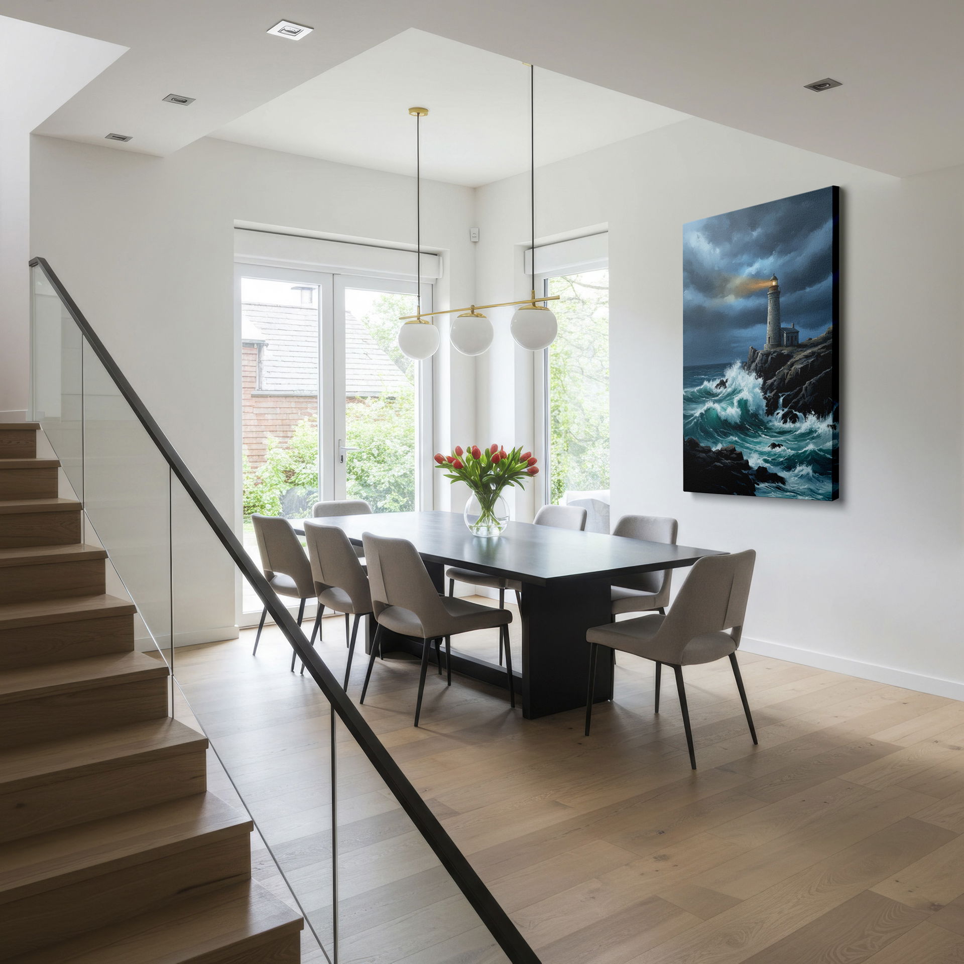 Dramatic lighthouse wall decor shows a weathered stone structure amid crashing waves, stormy sky.