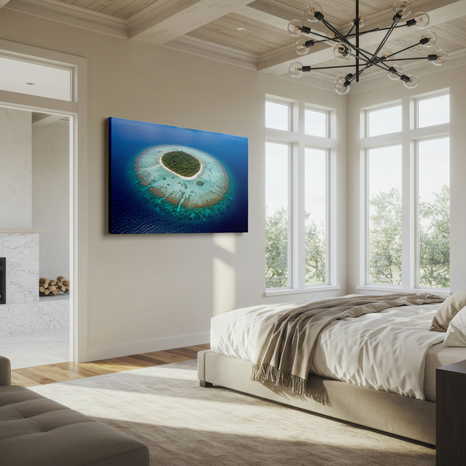 Transform your room with this aerial view of a tropical island; a perfect Wrapped Canvas escape.