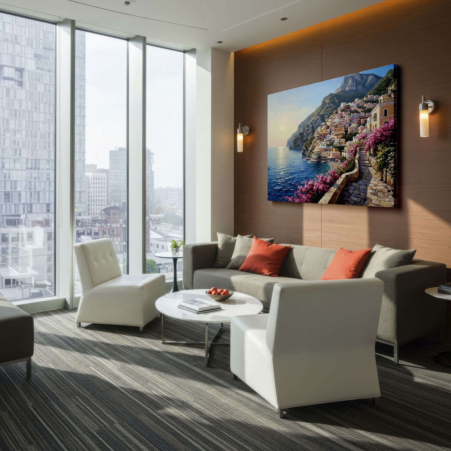 Colorful houses and turquoise waters define this captivating coastal village wall art.