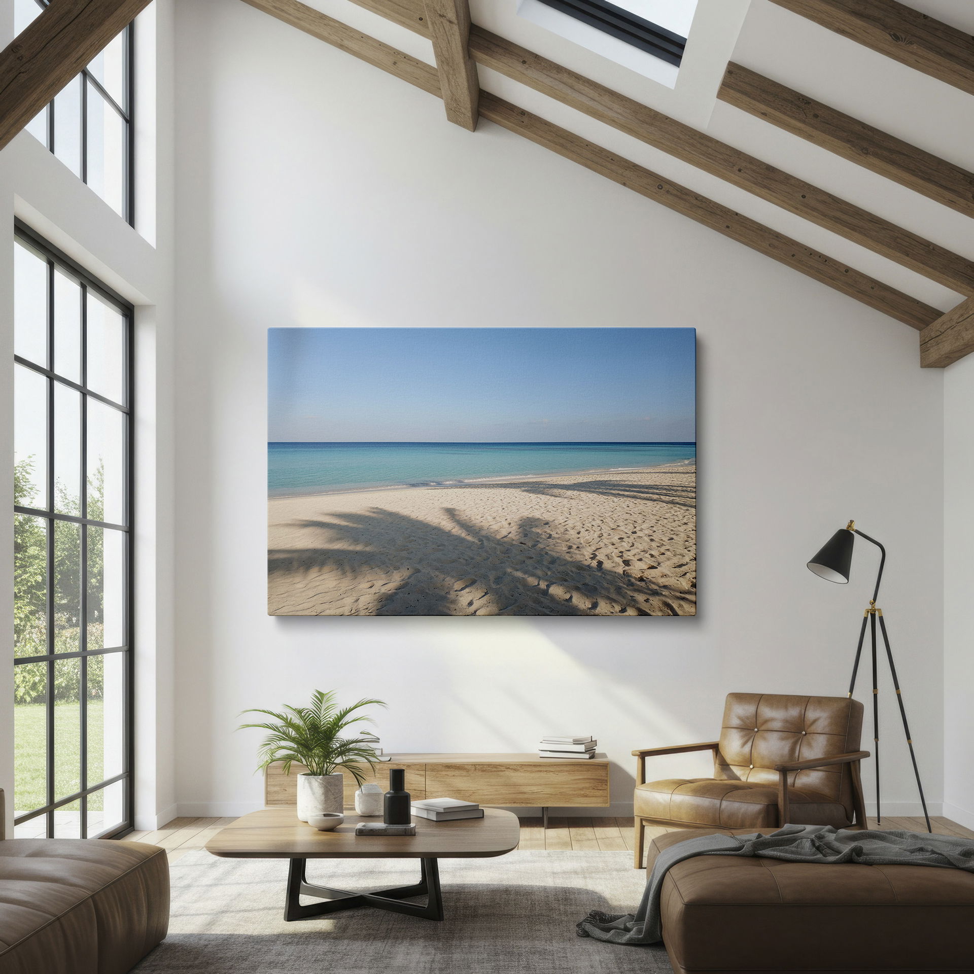 Capture the essence of a peaceful beach with this vibrant image of turquoise water and palm shadows, a beautiful piece of wall decor.