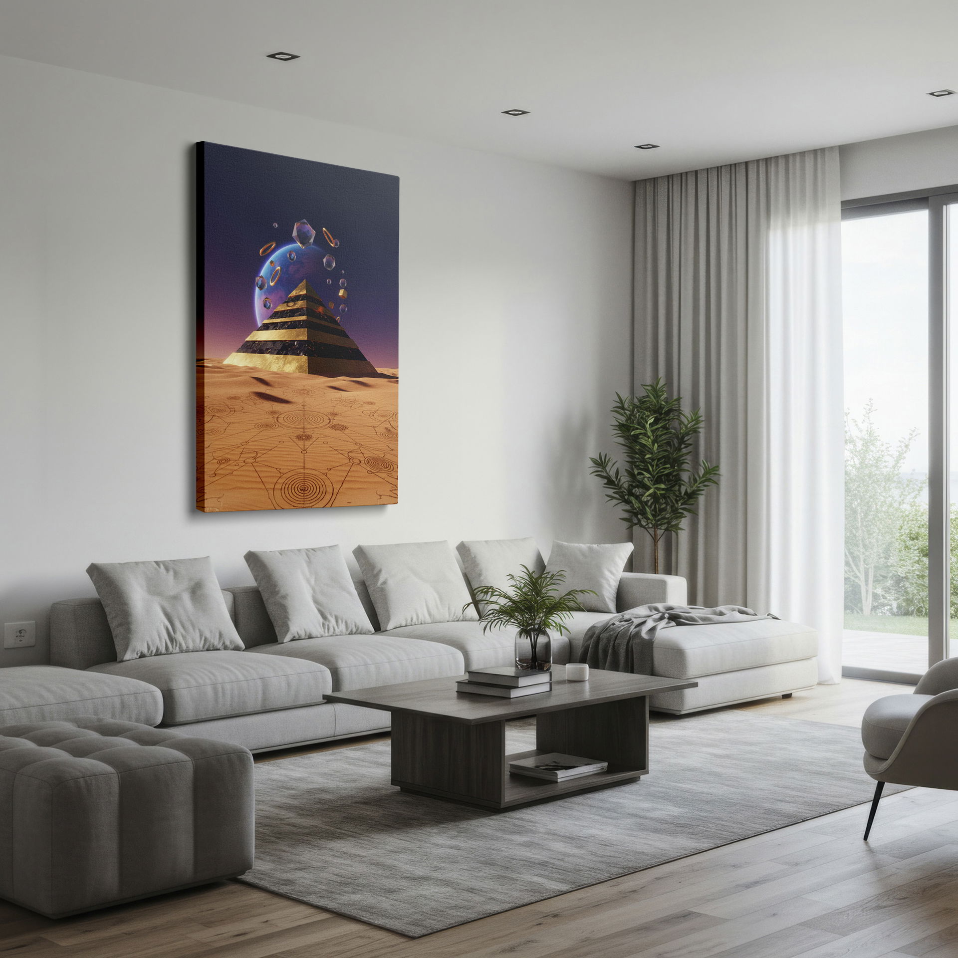 Golden pyramid wall art set against cosmic backdrop in a surreal desert. Geometric shapes add to the unique appeal.