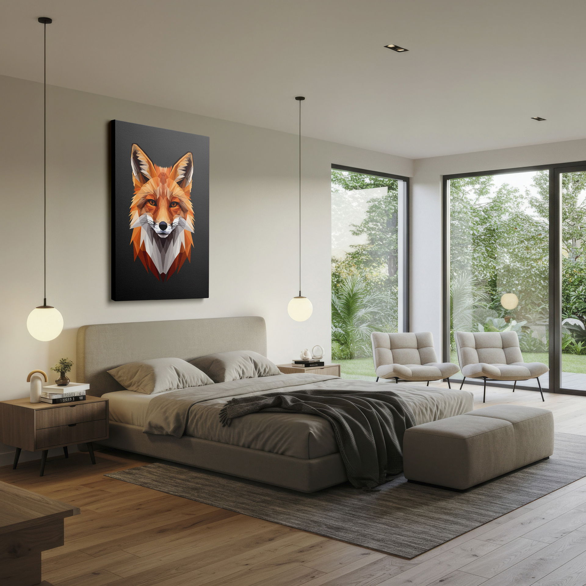 Stylized fox portrait wall art featuring a modern geometric design, perfect home decor.