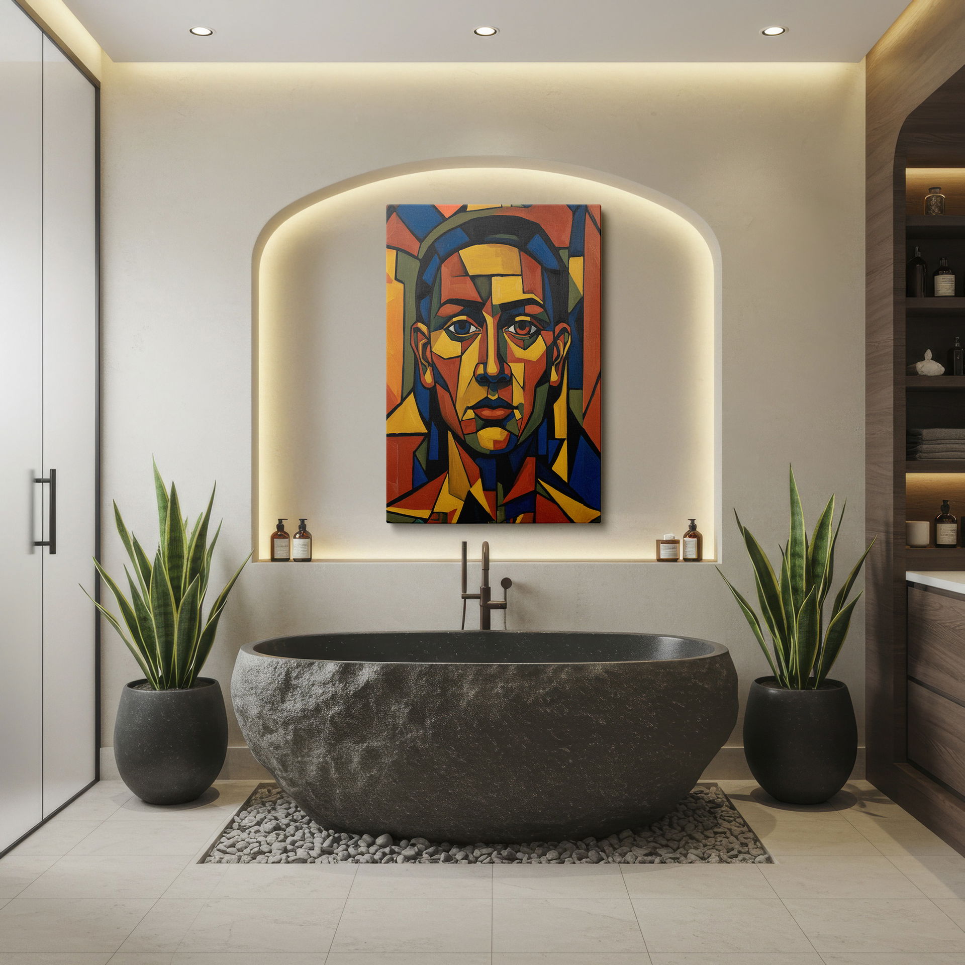 Bold geometric shapes form a striking portrait; a unique addition to your Wrapped Canvas.