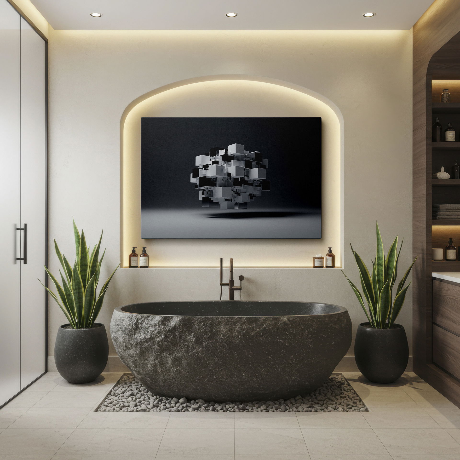 Modern wall art displaying an intricate design of black, white, and clear cubes.