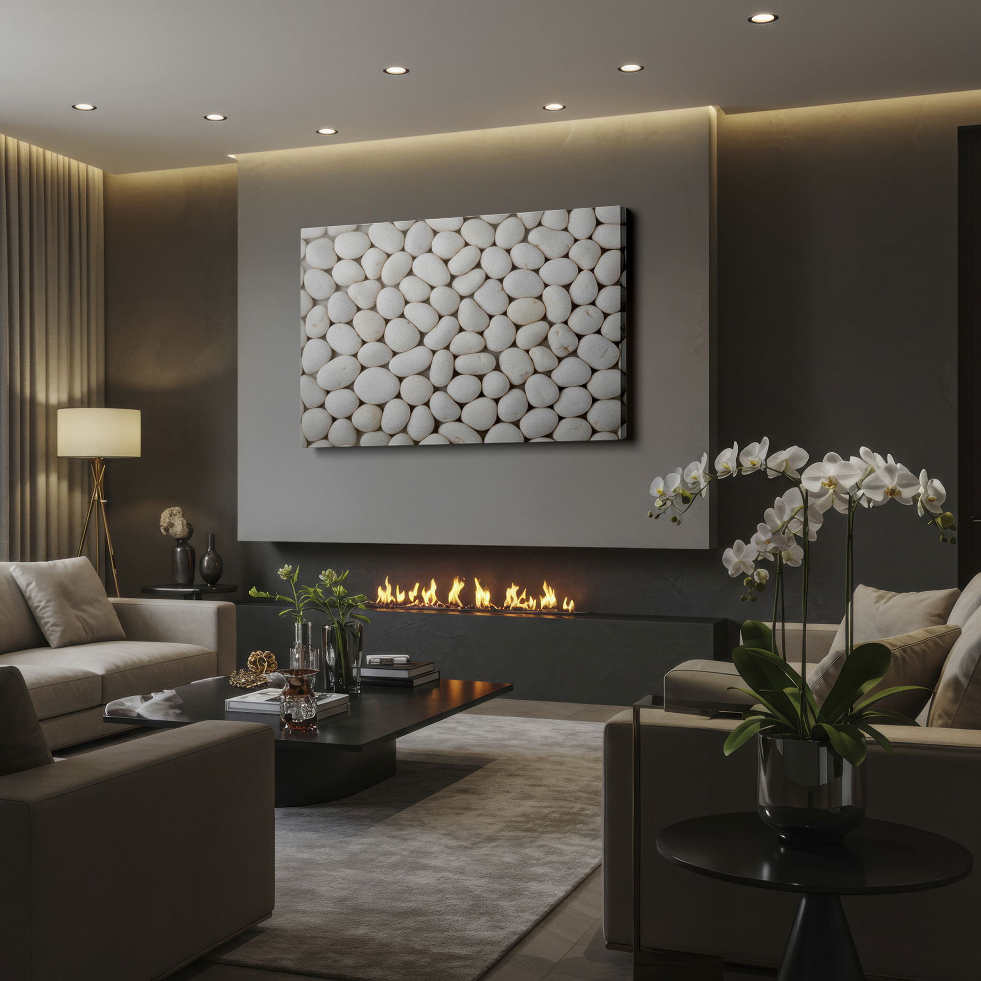 Close-up wall art captures smooth, white pebbles tightly packed, evoking coastal tranquility.