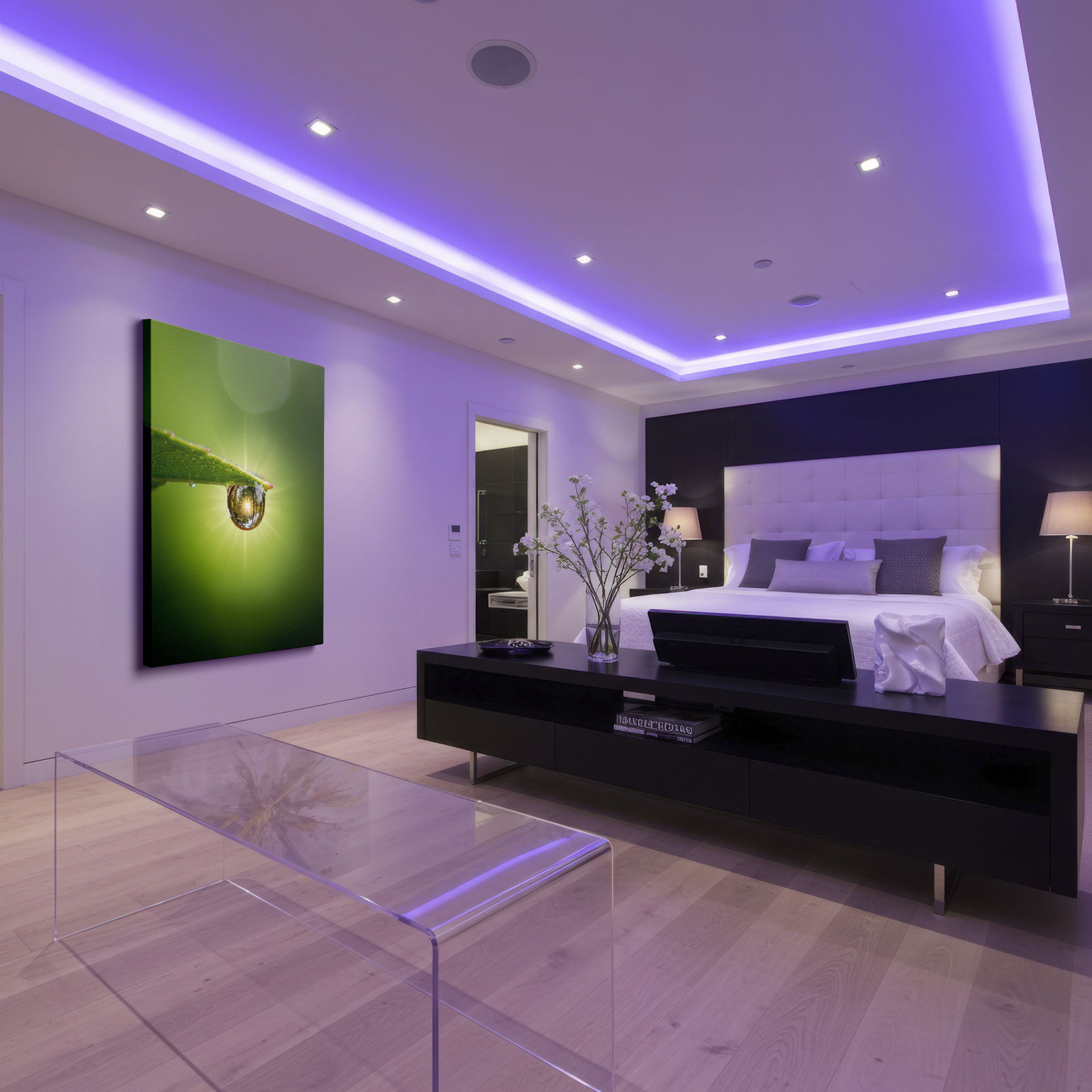 A delicate raindrop reflects a forest, held by a green leaf; peaceful nature-themed wall art.