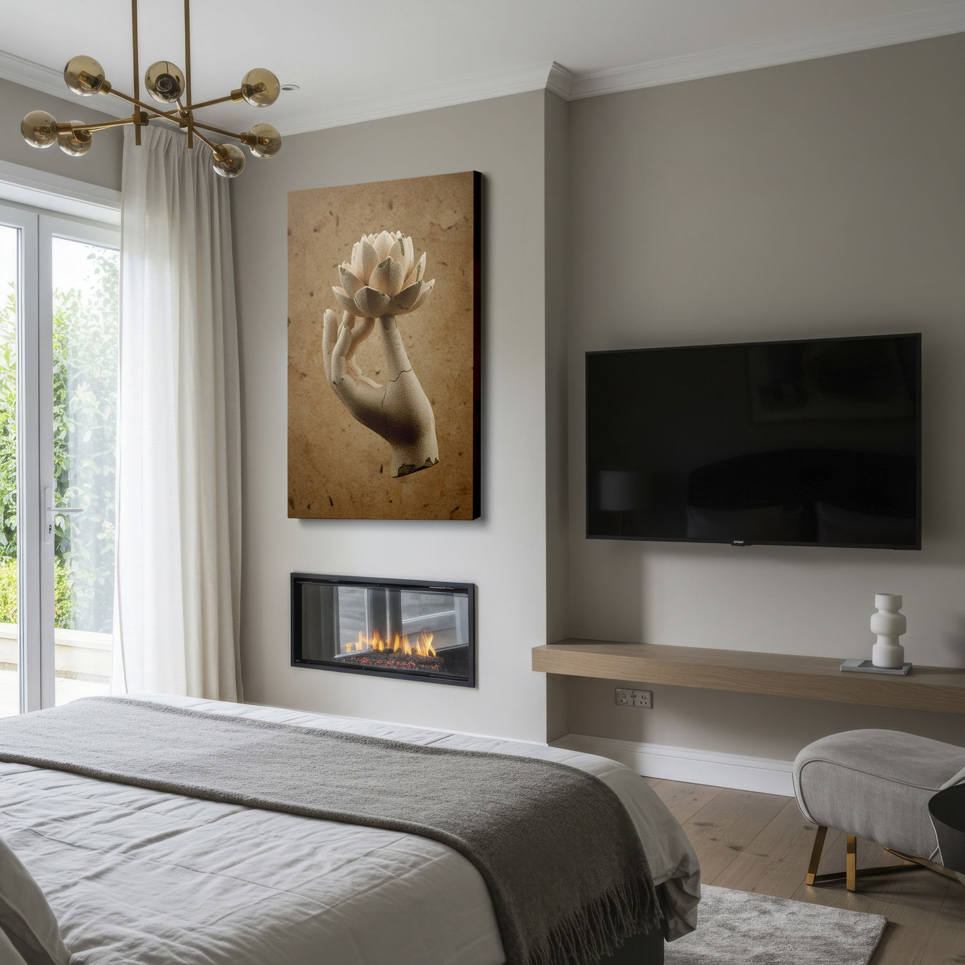 Minimalist stone hand and lotus wall art adds a sense of calm and balance to your home.