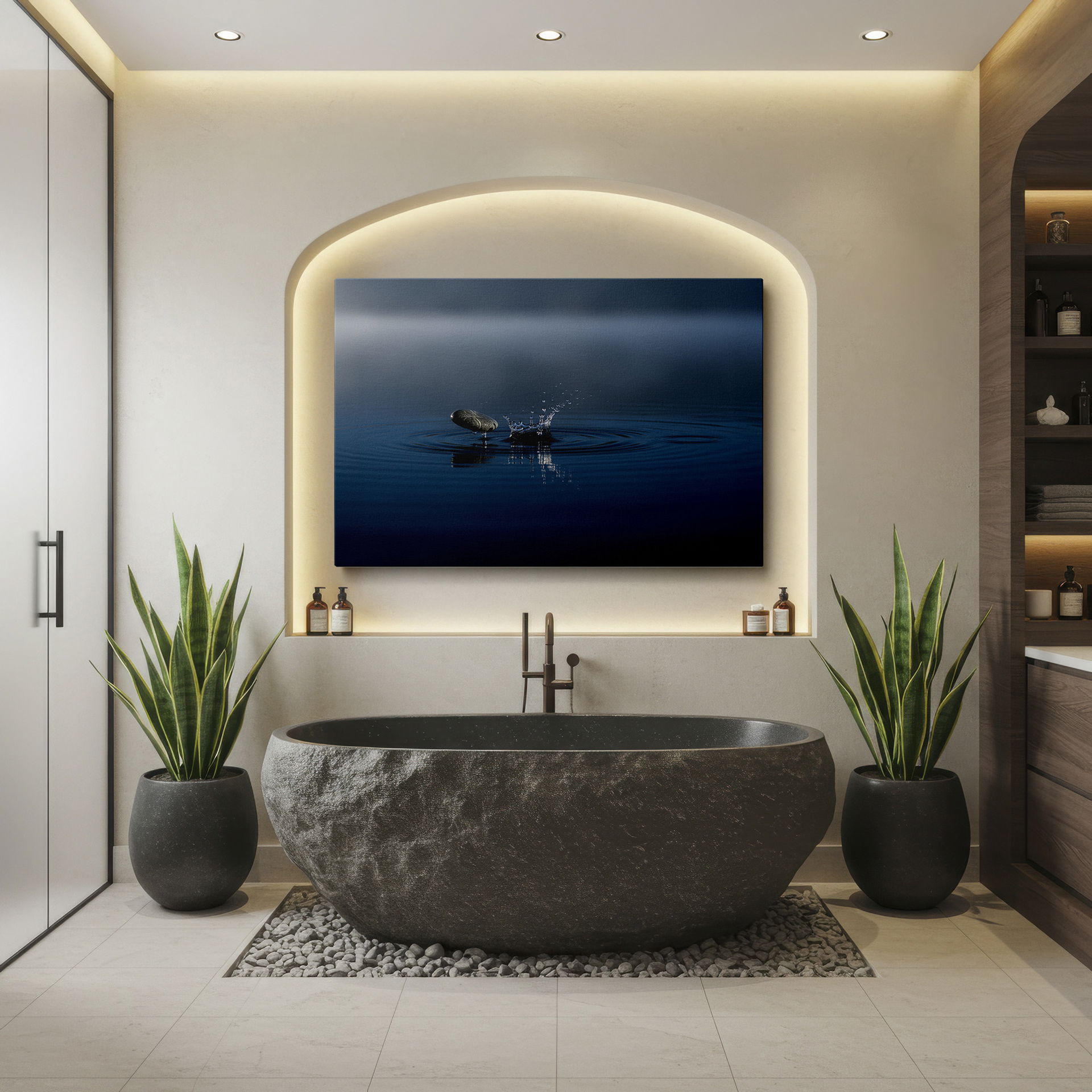 Experience the zen of a stone and water splash with this exquisite Wrapped Canvas.