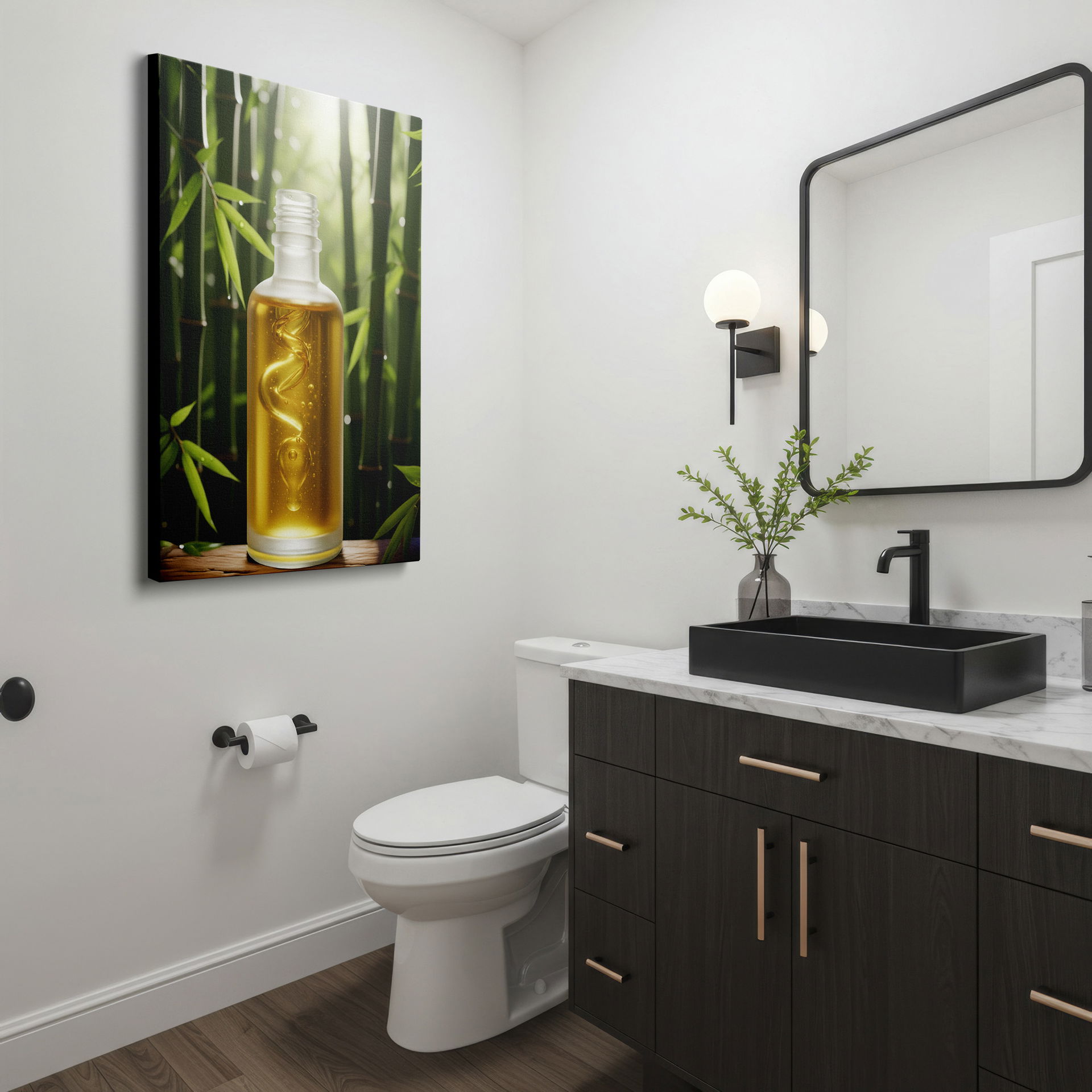 The elegant, golden oil is presented in Wrapped Canvas art, set against a lush bamboo backdrop.